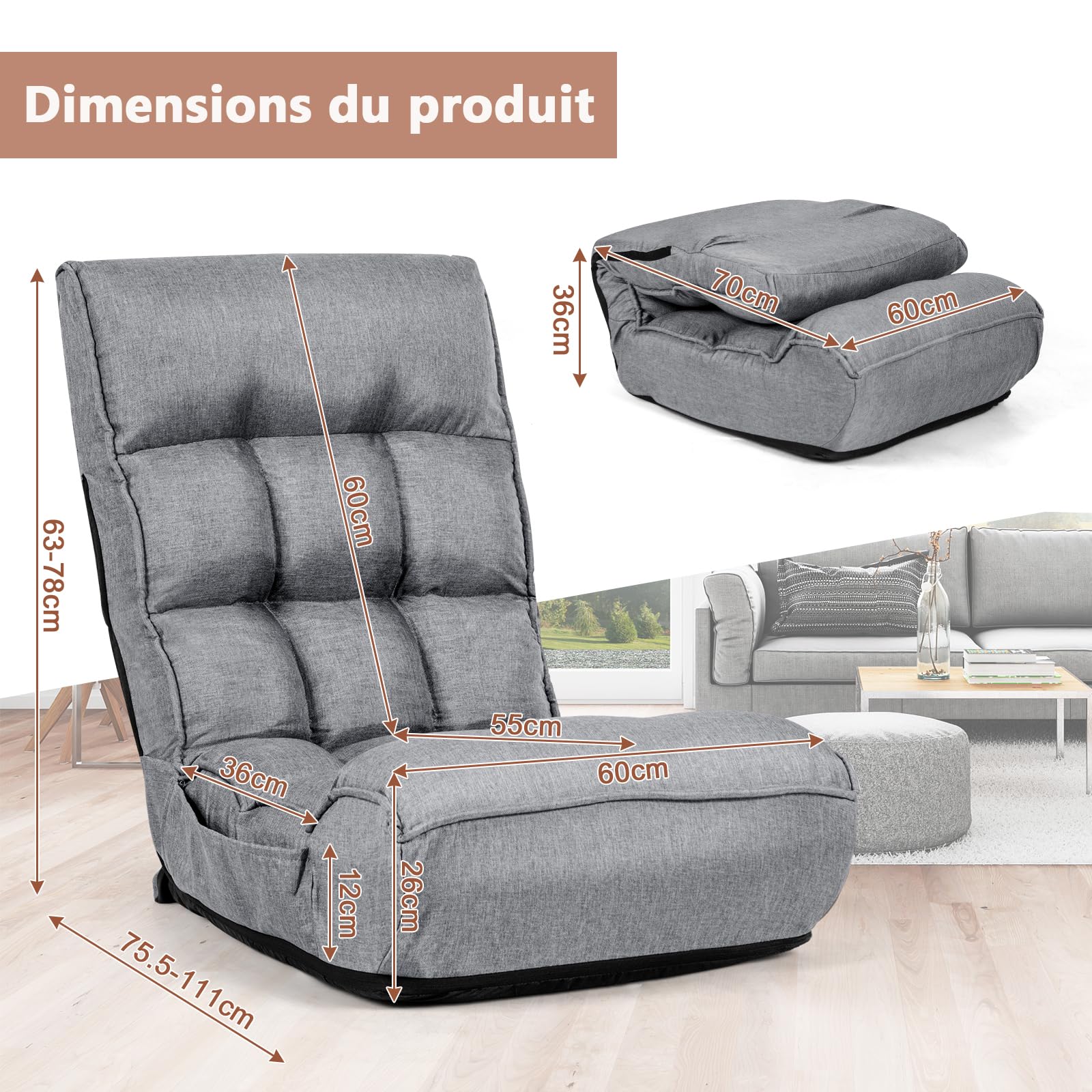 RELAX4LIFE Fauteuil Bas Multiposition Réglable Dossier 4 Positions Charge 140kg, Chauffeuse Convertible en Lin Appui-tête en 5 Positions Fauteuil Paresseux 1 Place Adulte Enfant (Lin, Gris)