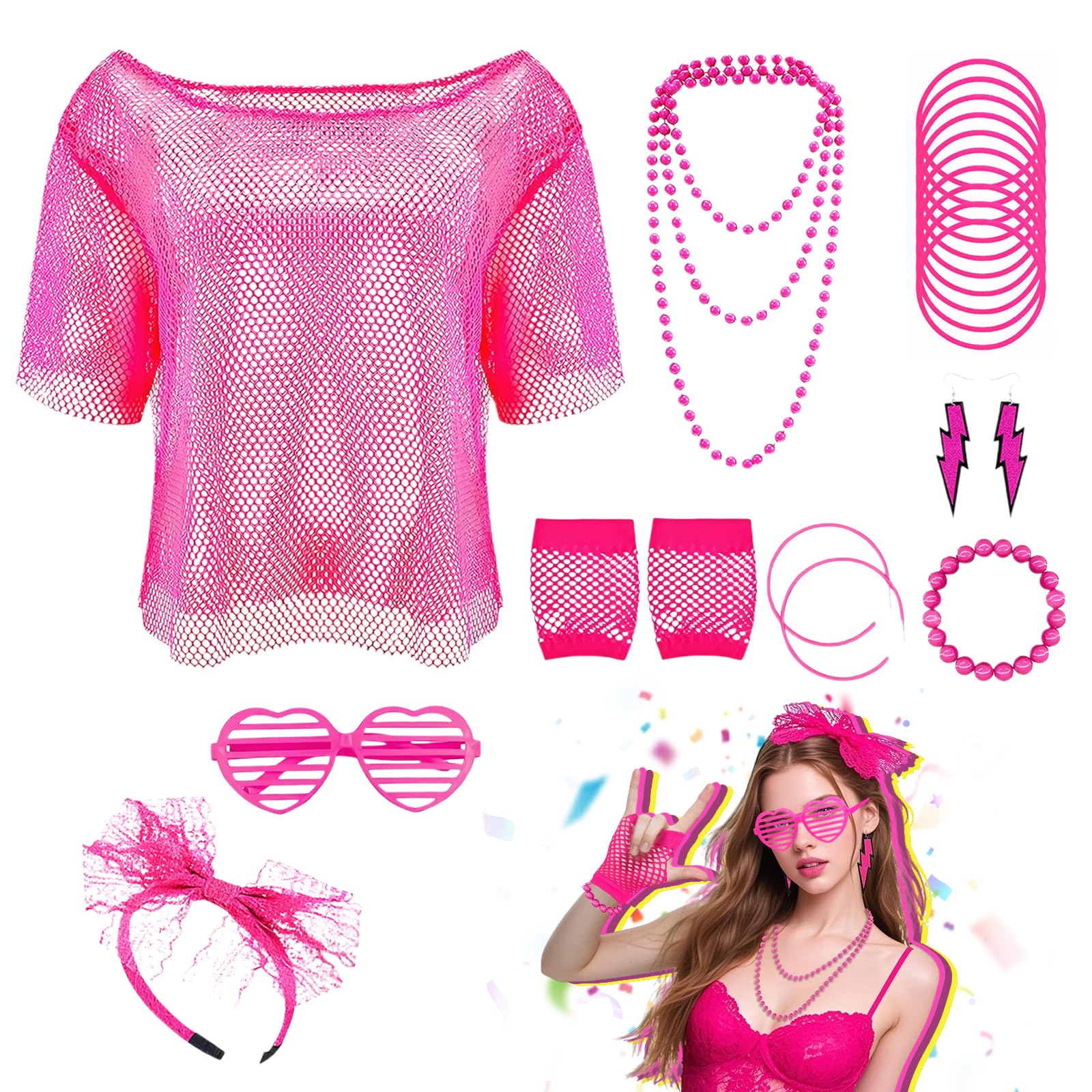 Azoisuwr 18 Pcs 80s Fancy Dress for Women Including Glasses/Top/Necklace Headband/Gloves/Bracelet/Earrings/Bangles 80s Accessories for Women