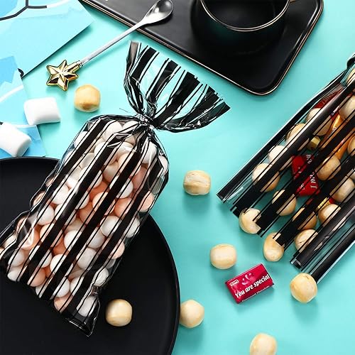 Miniatura 7 de Blulu 100 bolsas de plástico de Halloween con estampado de rayas blancas y negras para dulces o trucos, bolsas de celofán transparente con 100 lazos
