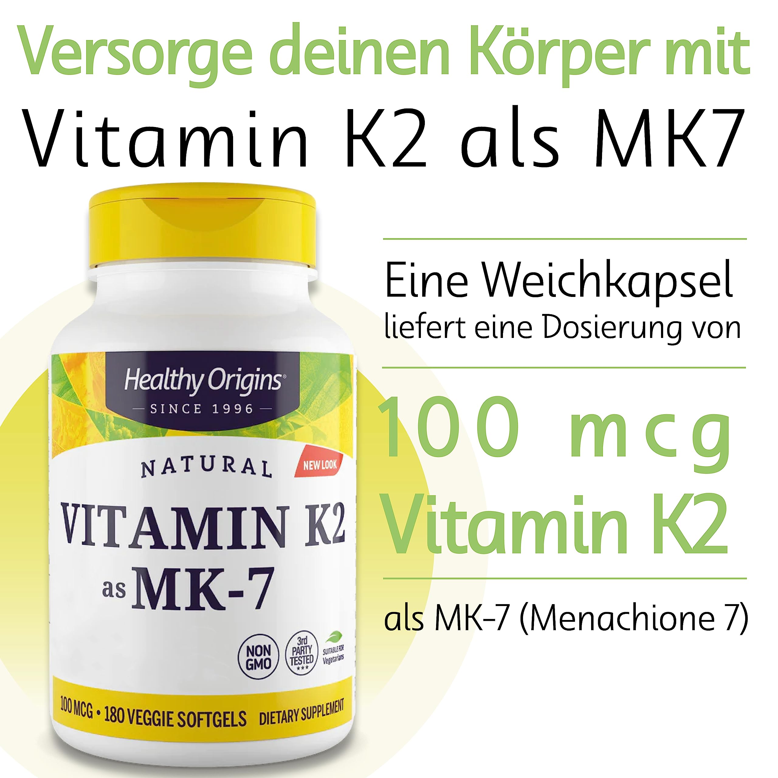 Healthy Origins, Vitamin K2 als MK7, 180 vegetarische Softgels, 100mcg Vitamin K2 je Dosis, Glutenfrei, GMO frei, Geschmacksneutral