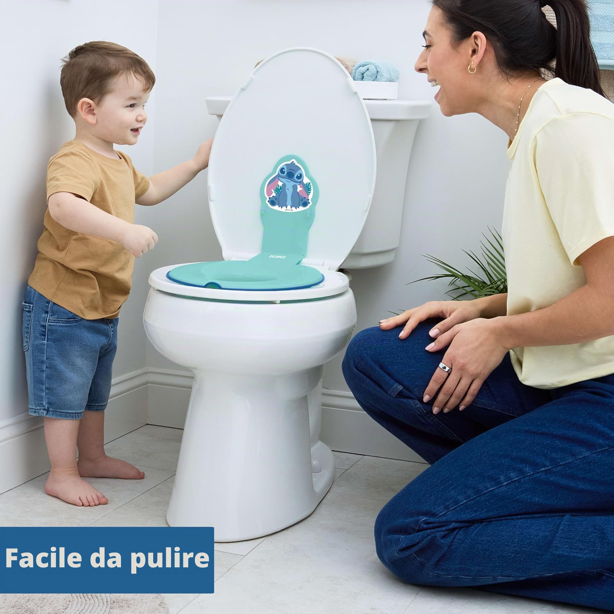 Bright Starts, Disney Baby Stitch Flip & Sit Riduttore WC Bambini, Sedile WC Sicuro con Maniglie Antiscivolo, Facile da Montare, Da 18 Mesi, Blu
