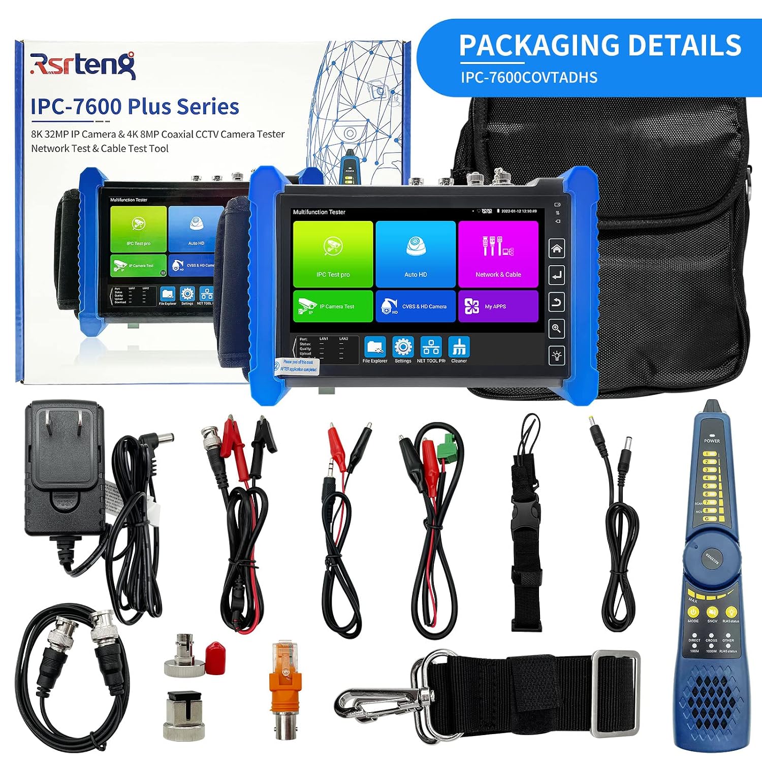 Rsrteng CCTV Tester,IPC-7600COVTADHS Plus 8K 32MP IP Camera Tester with Cable Tracer 4K 8MP AHD CVI TVI SDI CVBS Test Full Features 7” Touch Screen Monitor Support OPM VFL TDR HD VGA WiFi Audio POE