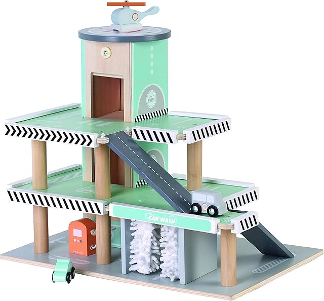 Childrens Wooden toy garage: Multi-storey car park, working 3 floor lift, elevator, petrol pump and car wash with 3 vehicles, car, ambulance and helicopter, kids toys, boys and girls, 2 year olds