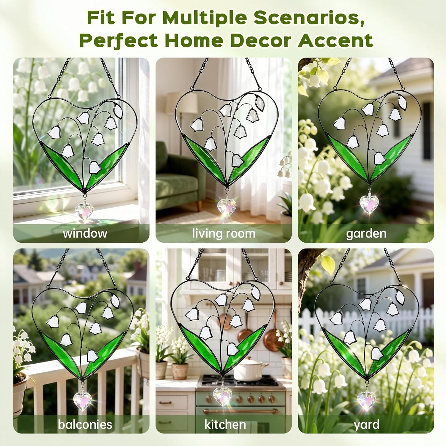 Lily of The Valley Sun Catcher Stained Glass Window Hanging - IDEA SHOW 6.6 Inch Handmade Real Glass Suncatcher Ornaments, Memorial Gifts for Women, Mom, Plant Lover Gifts for Indoor Home Wall Decor