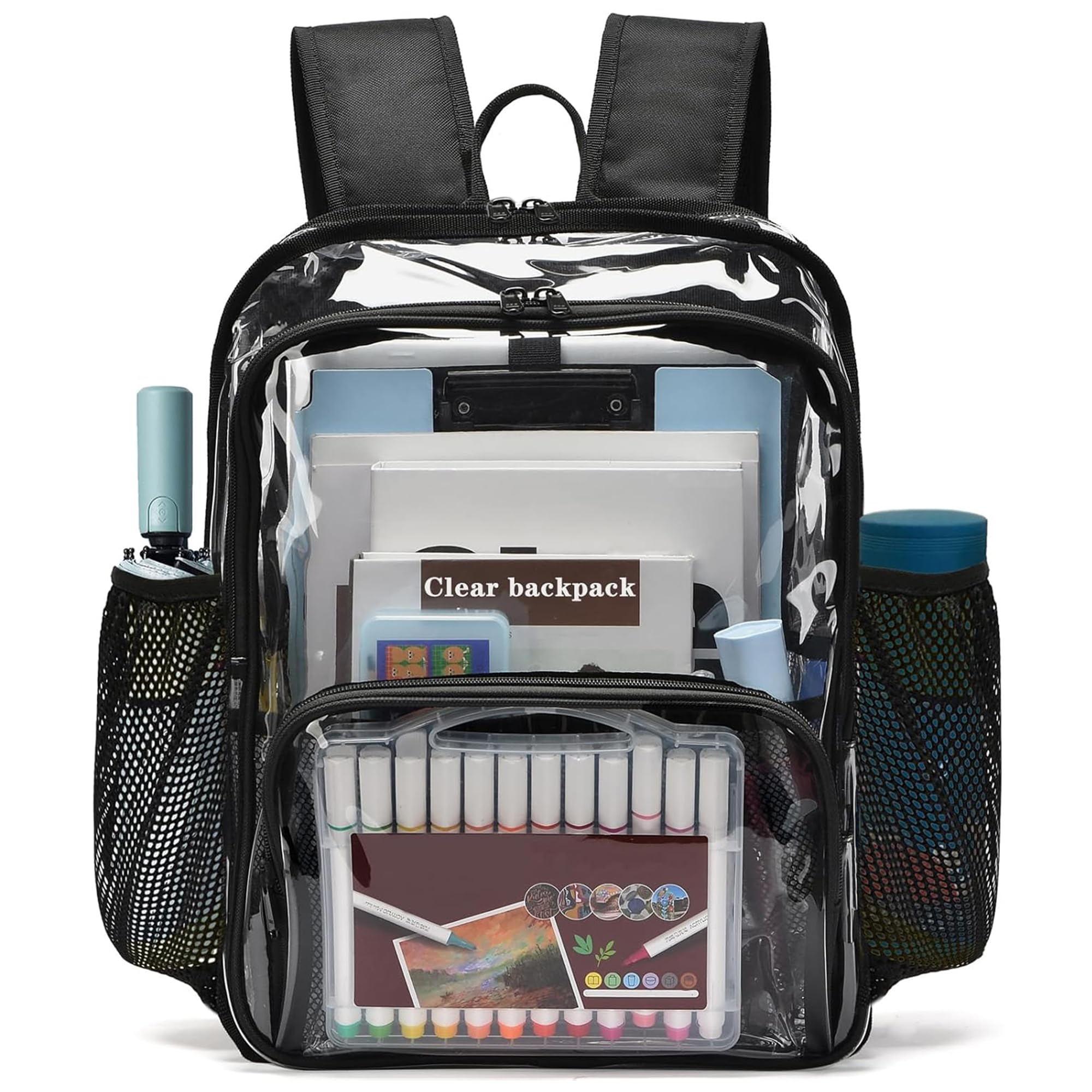 KUI WAN Clear Backpack,15'' Clear Backpacks for School Heavy Duty See Through Bookbag Multi-pocket PVC Backpack for Men Women