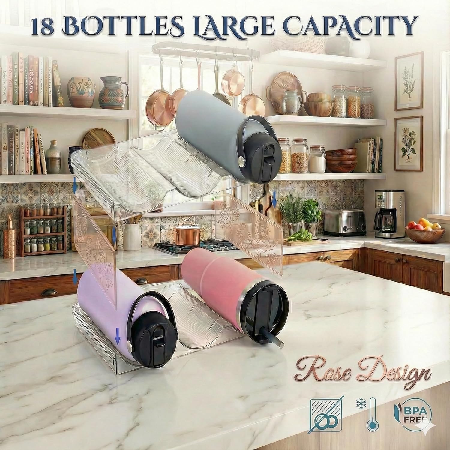 Stackable Water Bottle Organizer for Cabinet, Plastic Bottle Holder Designed for Starbucks Studded Tumblers up to 40oz, Plastic Cup Holder&Wine Rack for Pantry,Cupboard- 6 Layers Hold 18 Bottles