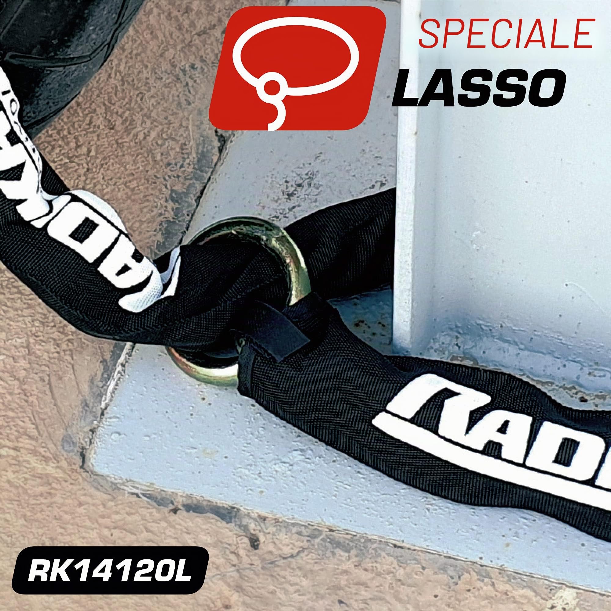 RADIKAL RK14120L - Catena antifurto per moto, alta sicurezza, maglie in acciaio cementato, ø14 mm, 120 cm, anello cravatta, custodia tessile, lucchetto catena ancoraggio garage, contenitori, porte,