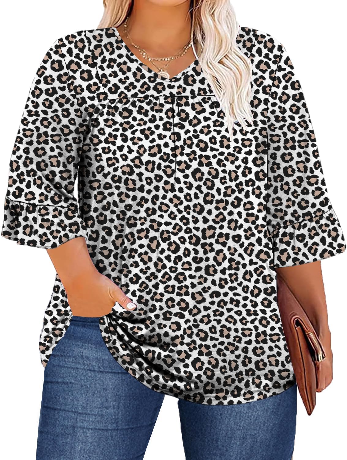 Women's Plus Size Tops 3/4 Ruffle Sleeve Shirt V Neck Pleated T Shirt Tunic Blouse Loose Fit 1X-5X