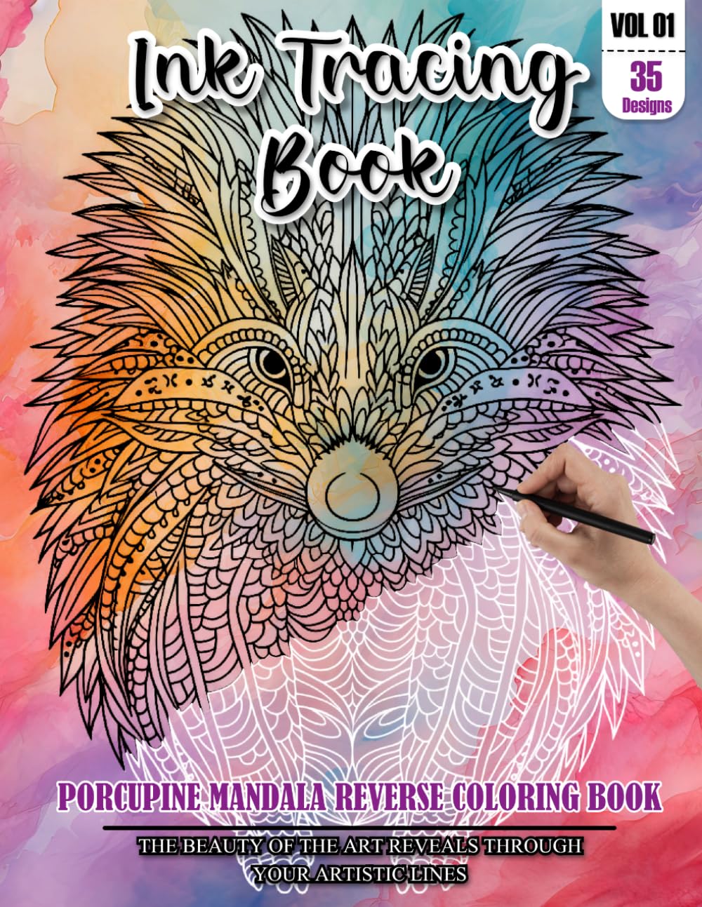 Ink Tracing Book: Stress relief reverse Porcupine Mandala Coloring Book for adults: mindfully Follow white lines to Uncover 35 cute Porcupine Mandala ... a perfect gift for Porcupine Lovers (Vol-01)