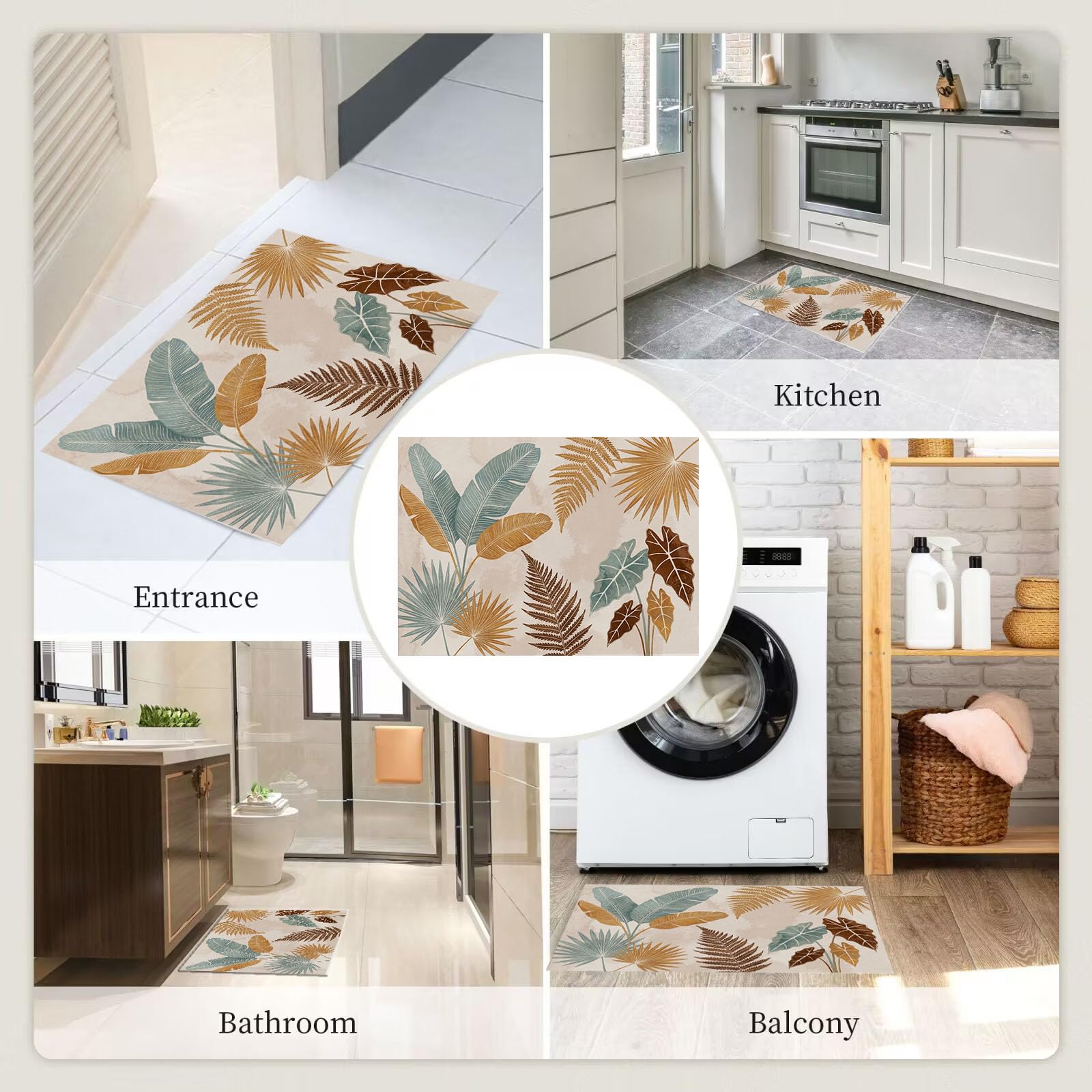 Zerbino Ingresso Interno Foglie Boeme, Zerbino Di Benvenuto Lavabile Morbida Piante Tropicali Semplici, Antiscivolo Tappeto Da Decorazioni Beige Per Casa Porta, 60X90Cm