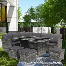 Garden Furniture Lounge Rattan Garden Furniture Garden Corner Sofa Set 9 Seater Rattan Sofa with table 3 Stools(Mixed Grey with Dark Cushion)