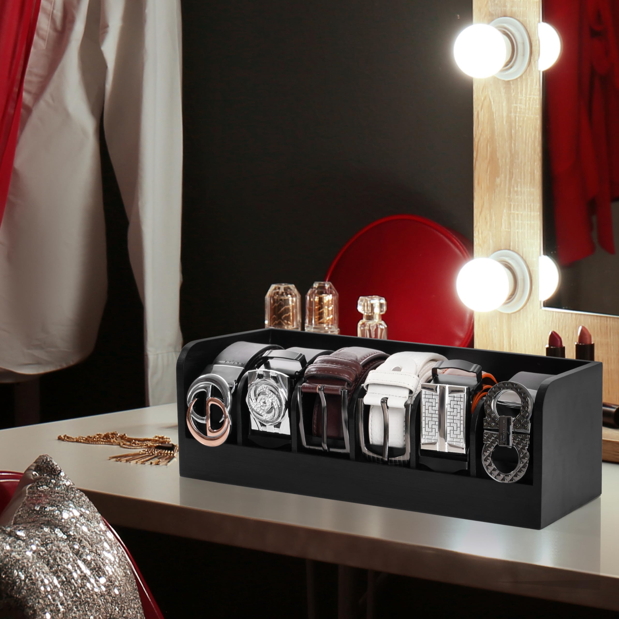 Winter Shore Caja Organizadora para Cinturones Negra - Organizador Cinturones de Madera de Bambú Oscuro de 6 Rejillas - Organizador de Armario Estuche Contenedor Natural Relojes Hombres y Mujeres