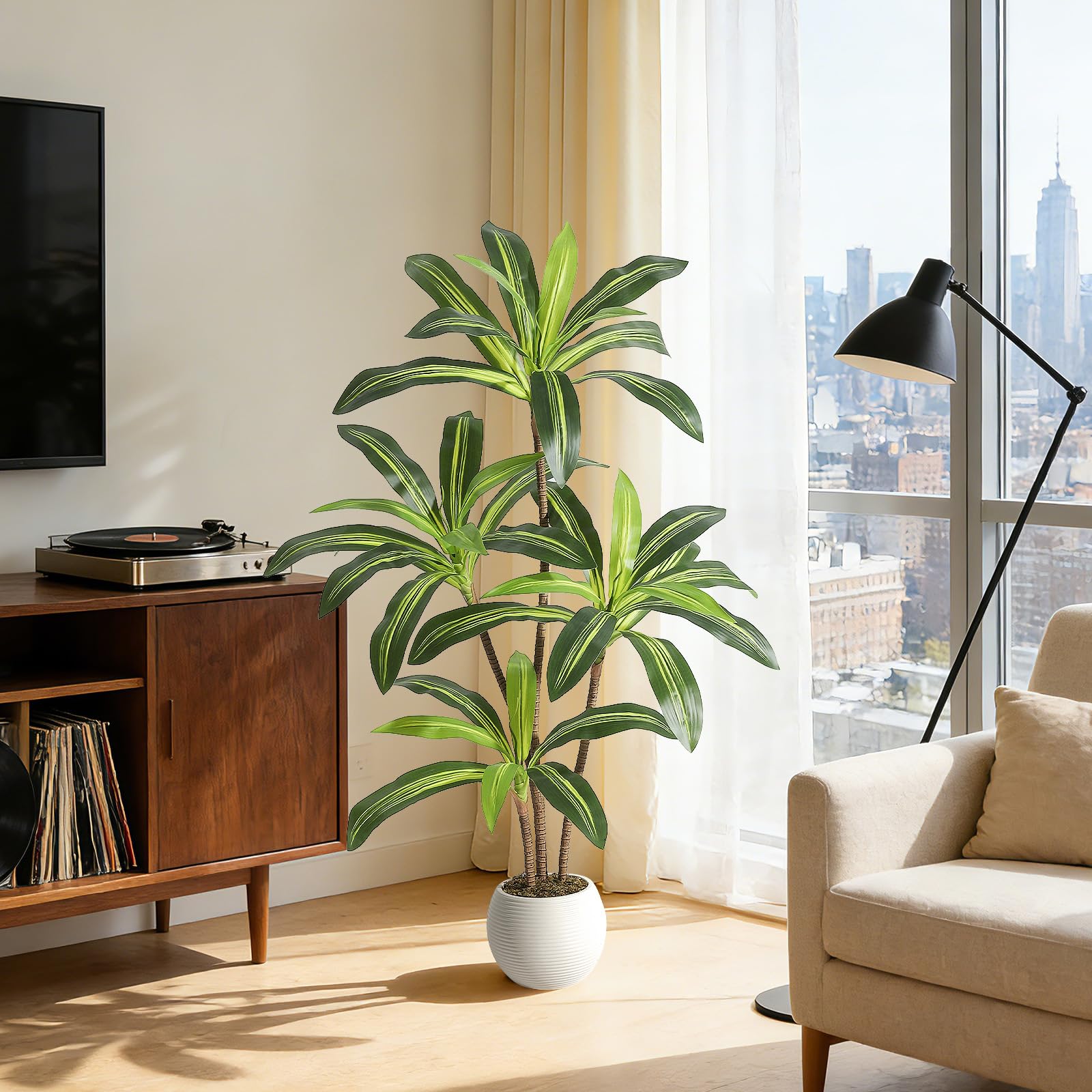 Lidzopas Realistic Artificial Dracaena Tree – Lifelike Faux Yucca Plant with Natural Wood Trunk & Dense Greenery for Indoor/Outdoor Home Decor, Ideal for Living Room, Office, Porch, Patio