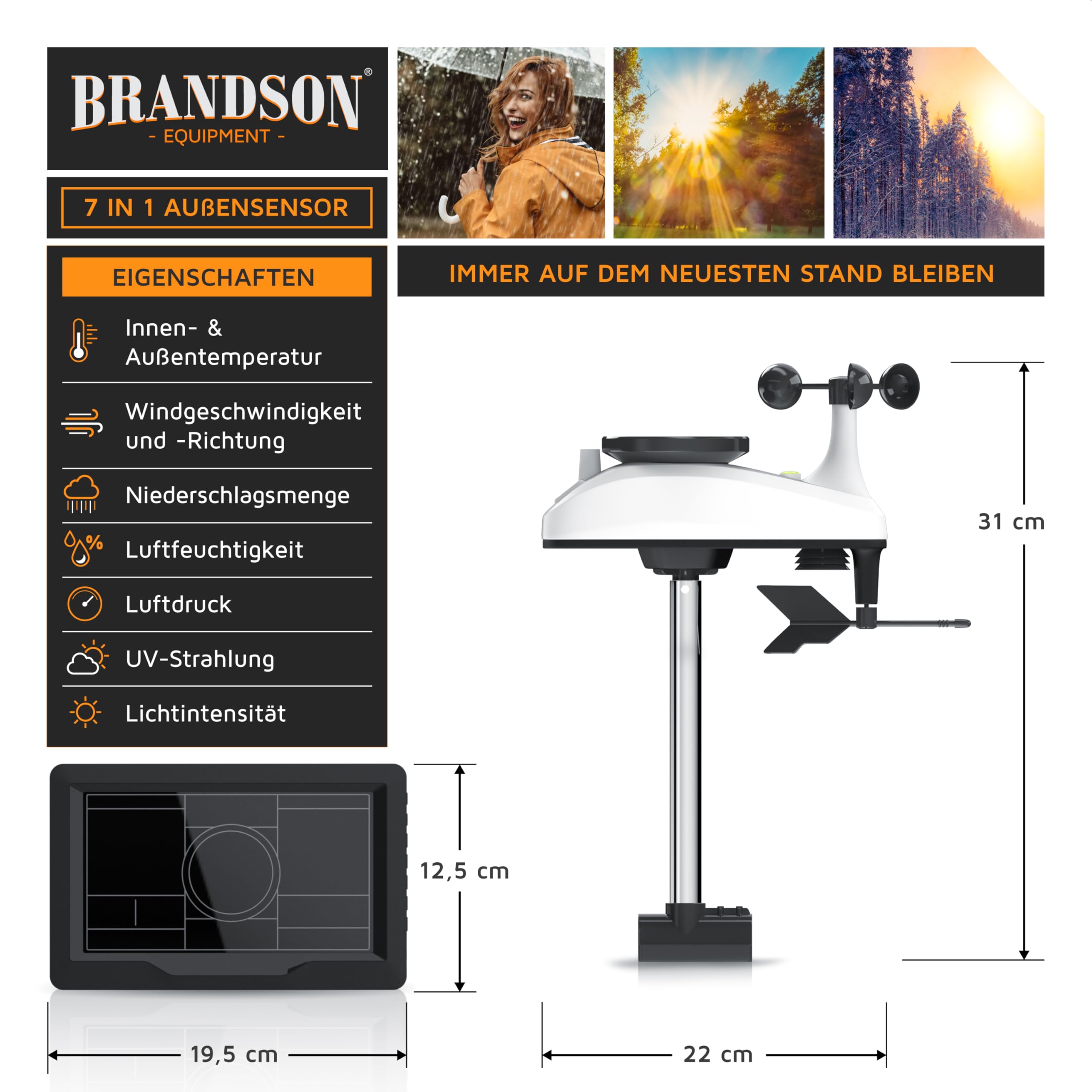 Brandson - WLAN Wetterstation mit 7in1 Funk Außensensor – WiFi App Steuerung – Temperatur Luftfeuchtigkeit Luftdruck – Windmesser Regenmesser