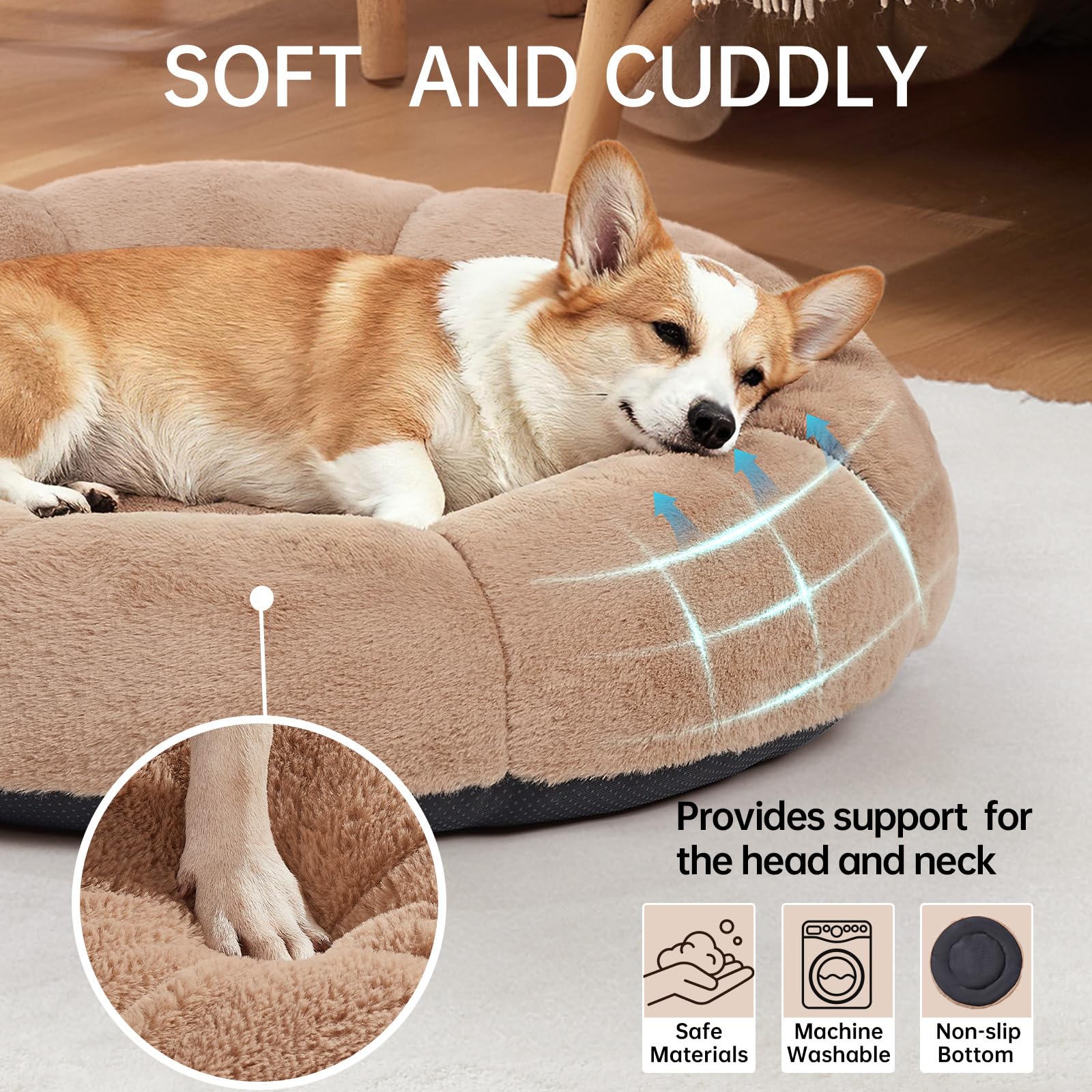 OhGeni 31 inches Calming Donut Orthopedic Dog & Cat Bed for Medium Pets, Warming Comfort Fluffy Short Pile Fur, Durable Waterproof Machine Washable Removable Cover, Cute Round Bed for Puppy, Camel - image 4