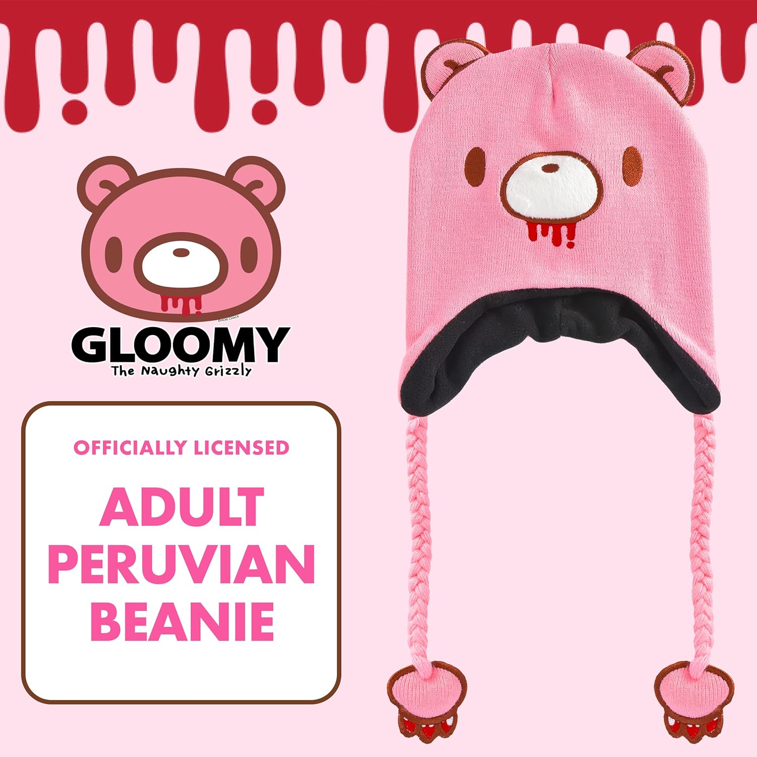 Gloomy Bear Beanie Hat, Peruvian Winter Knit Cap with 3D Ears and Tassels - Image 2