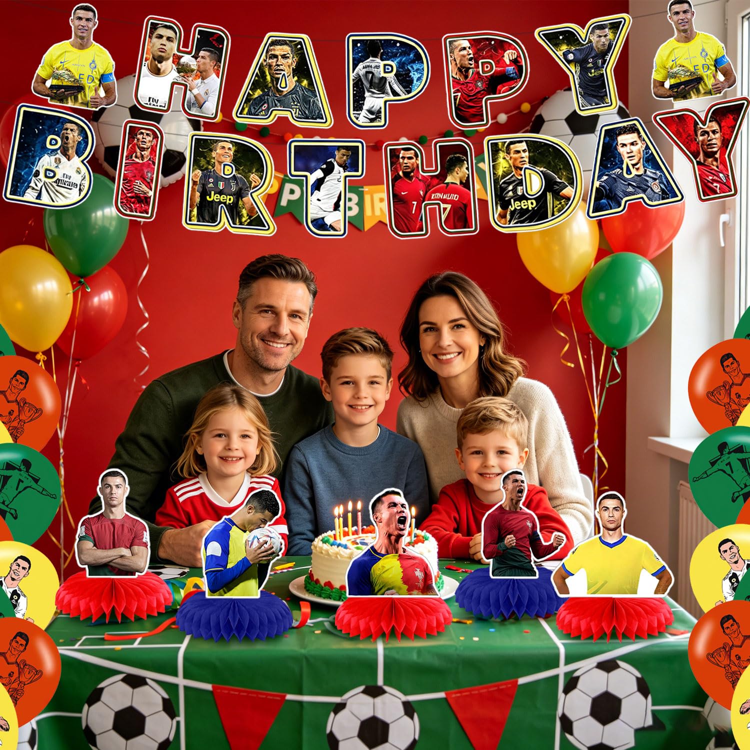 Décoration d'anniversaire Ronaldo avec bannière, tourbillons, centres de table, ballons en latex pour fête sportive