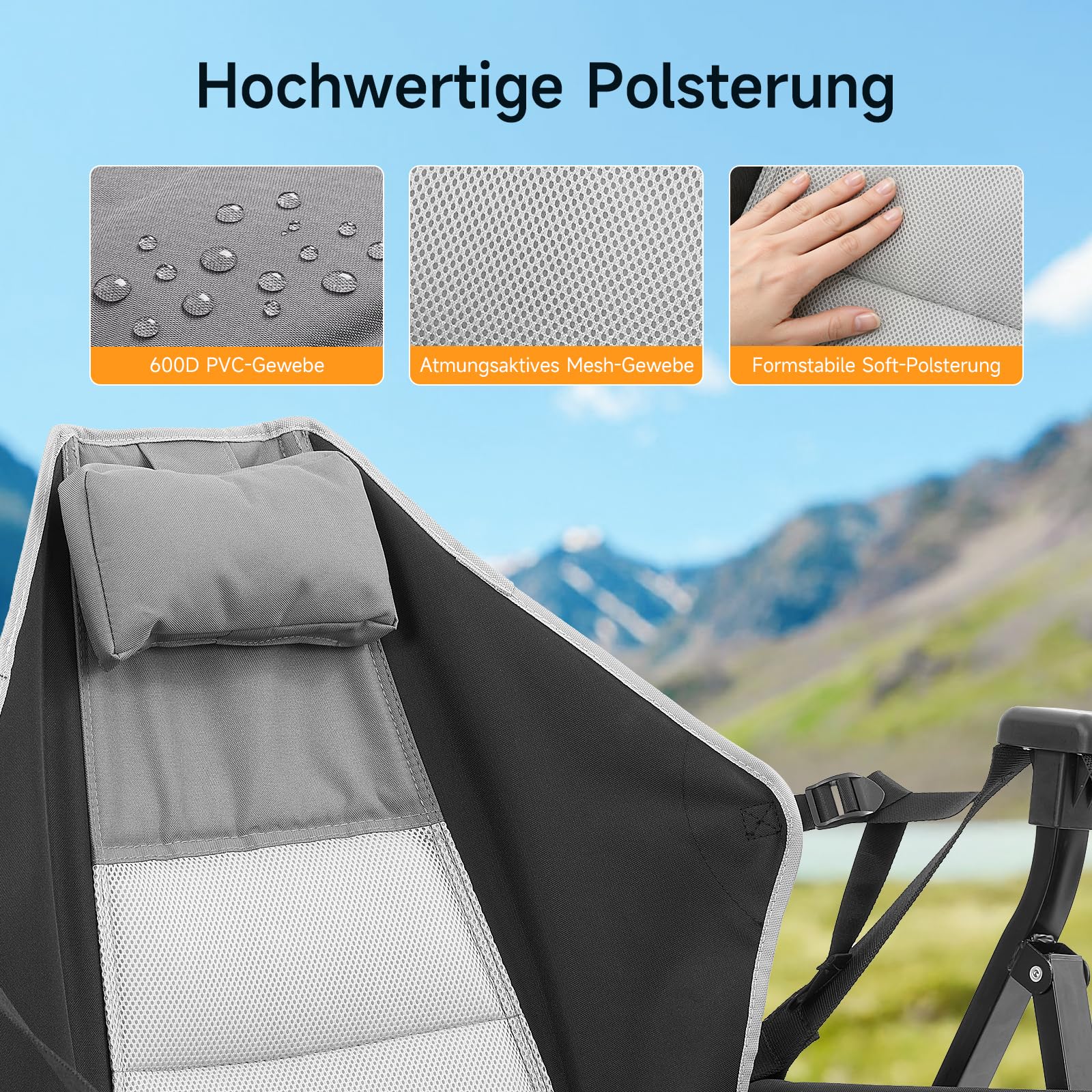 Faltbarer Campingstuhl mit Fußstütze, 180kg, Schaukelfunktion