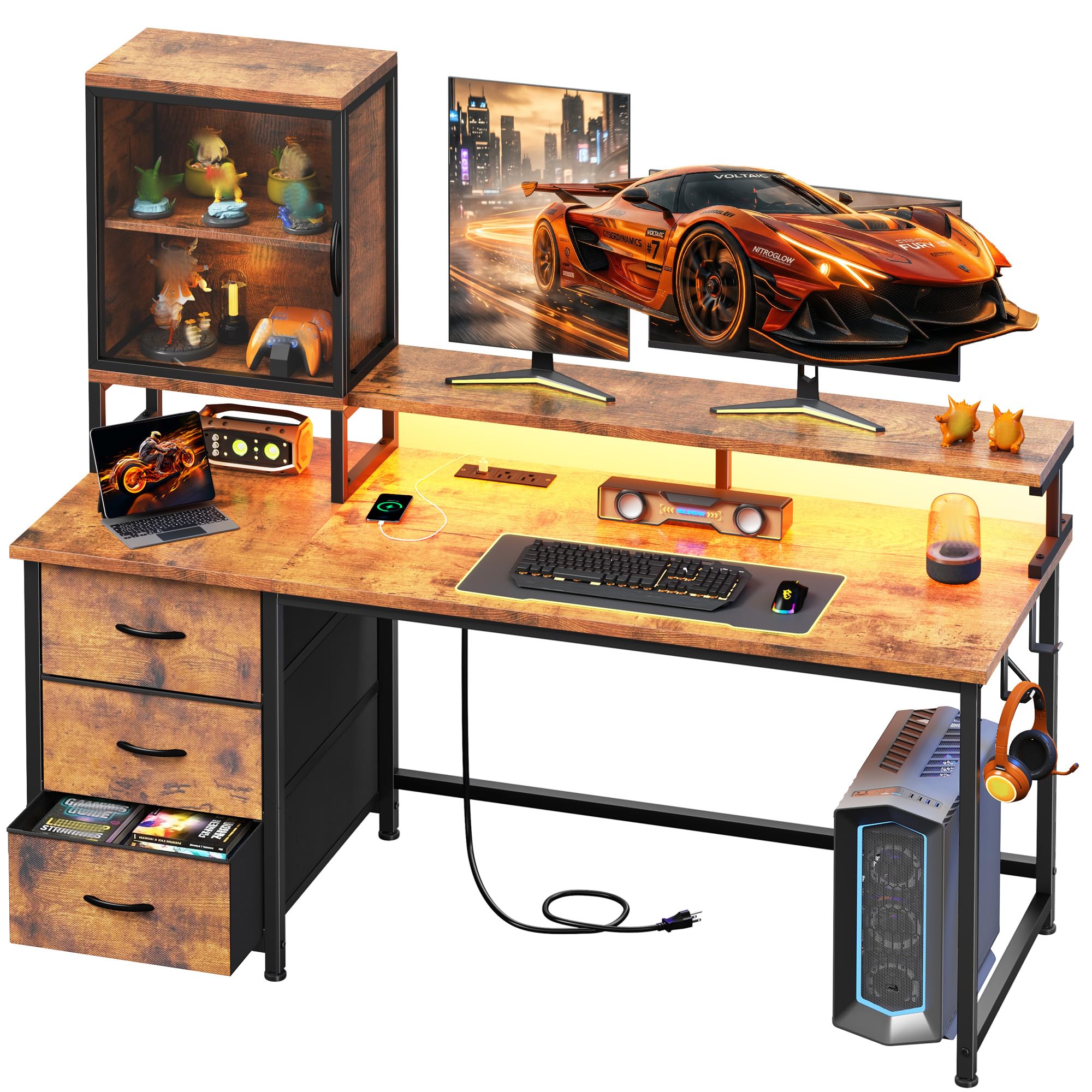 Computer Desk with Drawers & Figure Acrylic Display Case, 120x50cm Reversible Gaming Desk with Power Outlets & RGB Lights & Monitor Stand & Headphone Hook, Brown Corner Gaming PC Table with for Home