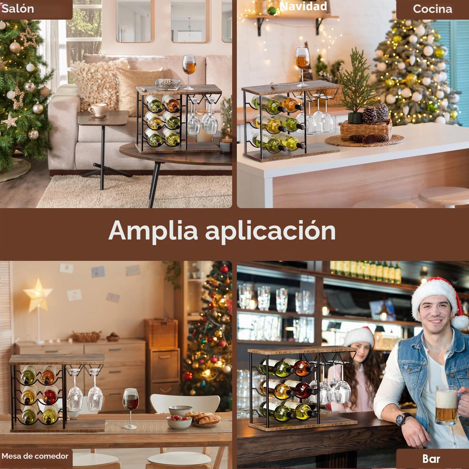 Nuovoware Estantes de Vino para Encimera, Porta Botellas de 6 y 4 Copas, Organizador Metálico de Madera
