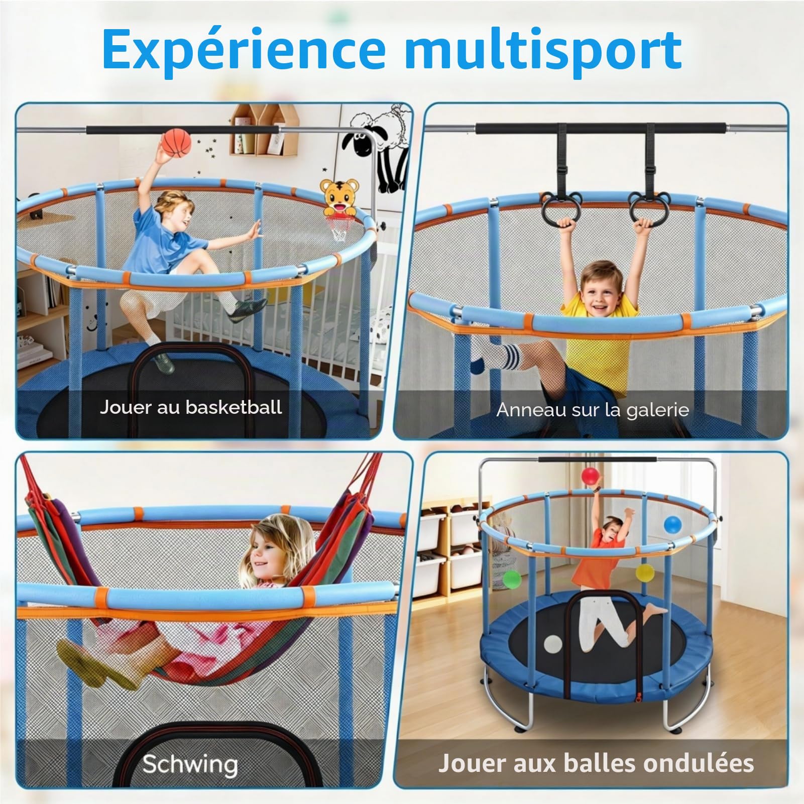 150cm Trampoline Exterieur Enfant, Multifonctionnel 5 en 1 Trempoline avec Balançoire, Panier Basket, Anneaux, Filet Sécurité et Ventouses Antidérapantes, Hauteur Réglable pour Enfants 2 à 9 Ans