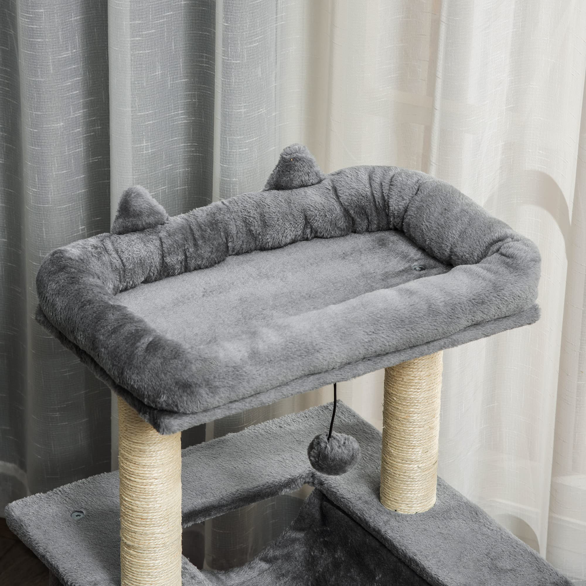 PawHut Albero Tiragraffi per Gatti Adulti, Graffiatoio Castello per Gatti con in Corda Sisal, Casetta, Cuscino e Amaca, 2 Palline, Rivestimento in Peluche e Feltro, Altezza 90cm, Grigio