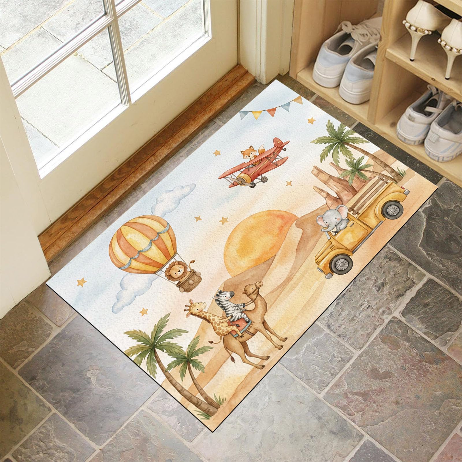 Zerbino Ingresso Interno 80X120Cm Animali Deserto Cartone Tappeto Lavabile Antiscivolo Giraffe E Cammelli Carini Passatoia Corridoio Sottile Zerbino Per Porta Di Casa Cucina Ufficio, Giallo