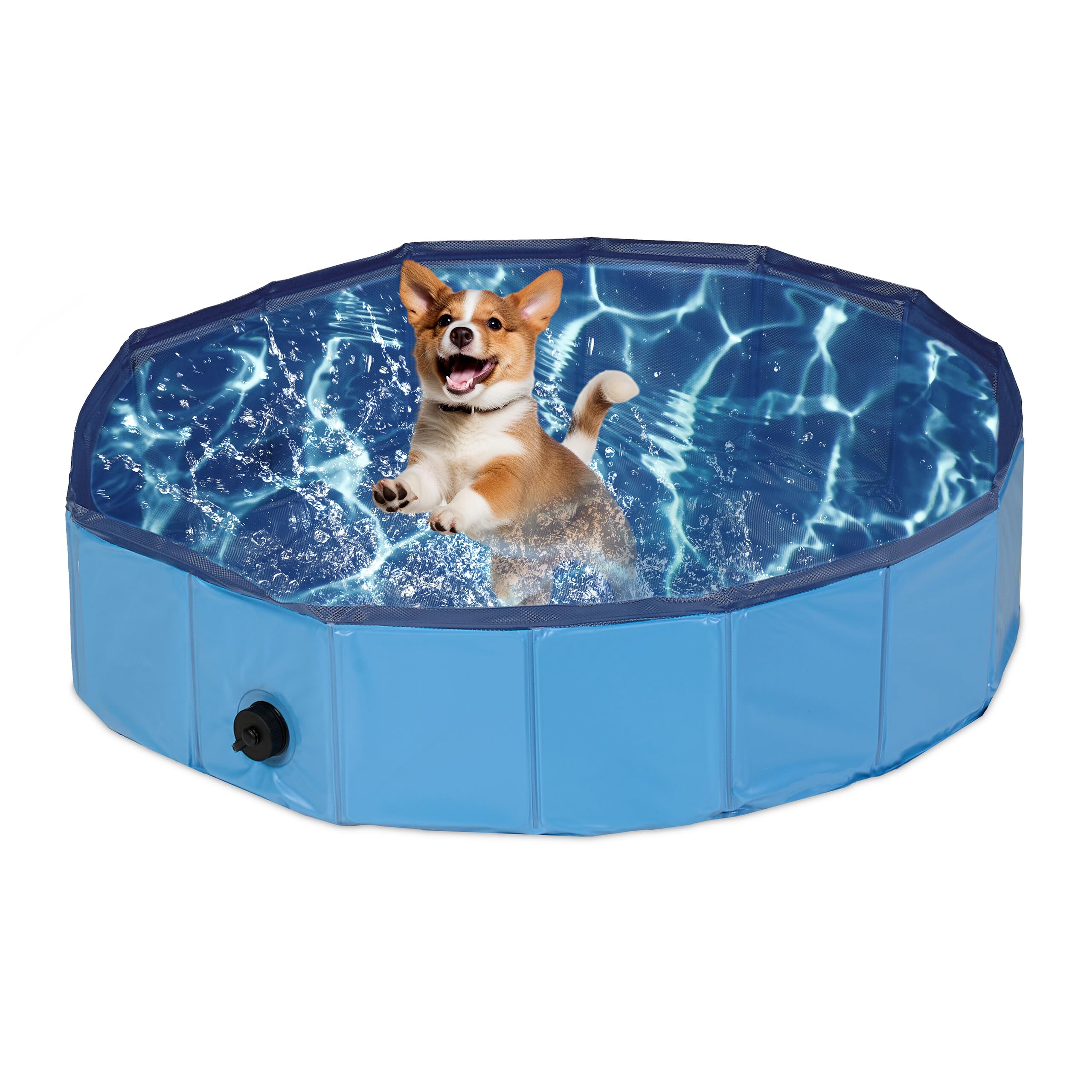 Relaxdays Dog Pool, HxD: 20 x 80 cm, Foldable, with Drain Valve, Pet Swimming Bath for Cooling Off, PVC & MDF, Blue