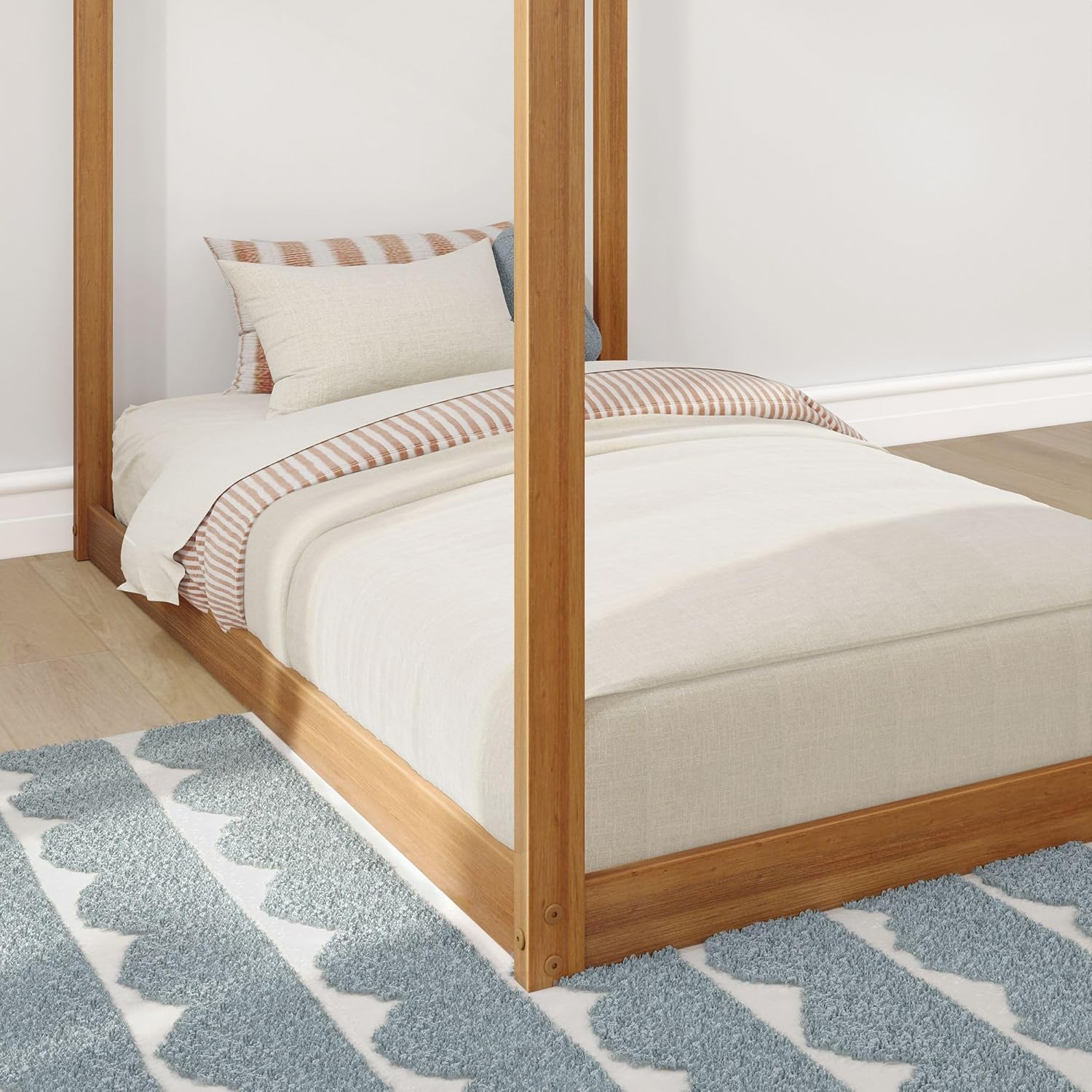Max & Lily Twin Floor House Bed, Modern Solid Wood Low Bed Frame for Kids, Montessori Floor Bed for Bedroom, Playroom, Wooden Slats, Pecan