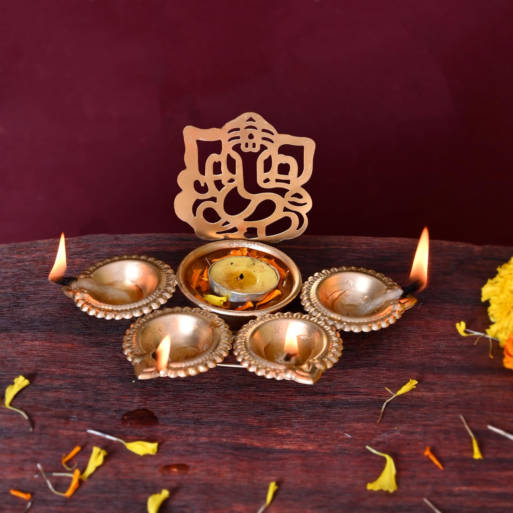 Ascension Ganesh Ji Design Urli Bowl for Home Diwali Decor with 4 Attached Oil Diyas for Floating Flowers and Tealight Candles Home Table Diwali Decoration Items for Home Pooja Room (7 inch)