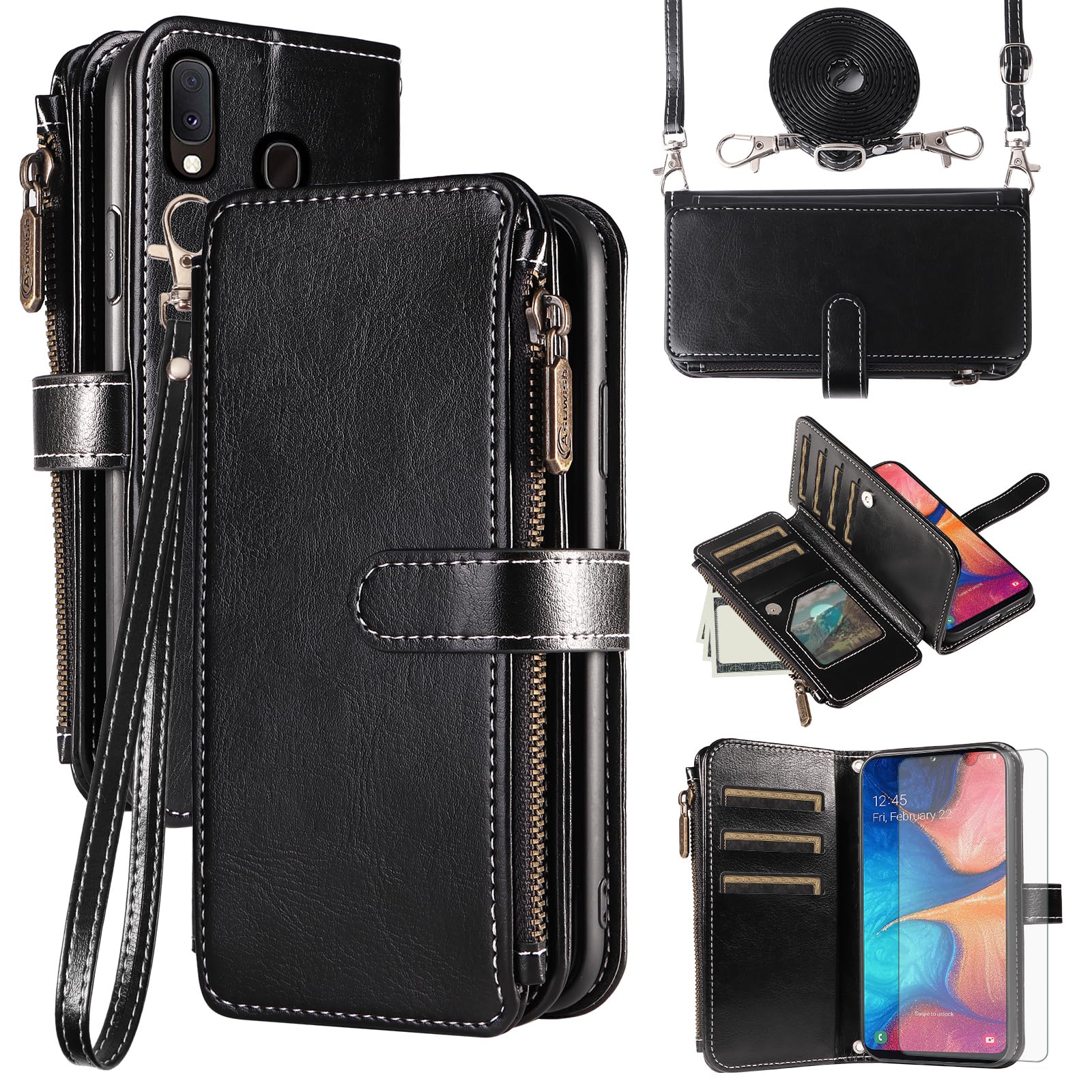 Asuwish Handyhülle für Samsung Galaxy A20e Hülle mit Band Folie Schutzfolie Kartenfach Klappbar Leder Geldbörse Ständer A20 E A 20e Handy Hüllen Schutzhülle Reißverschluss Wallet Phone Case Schwarz
