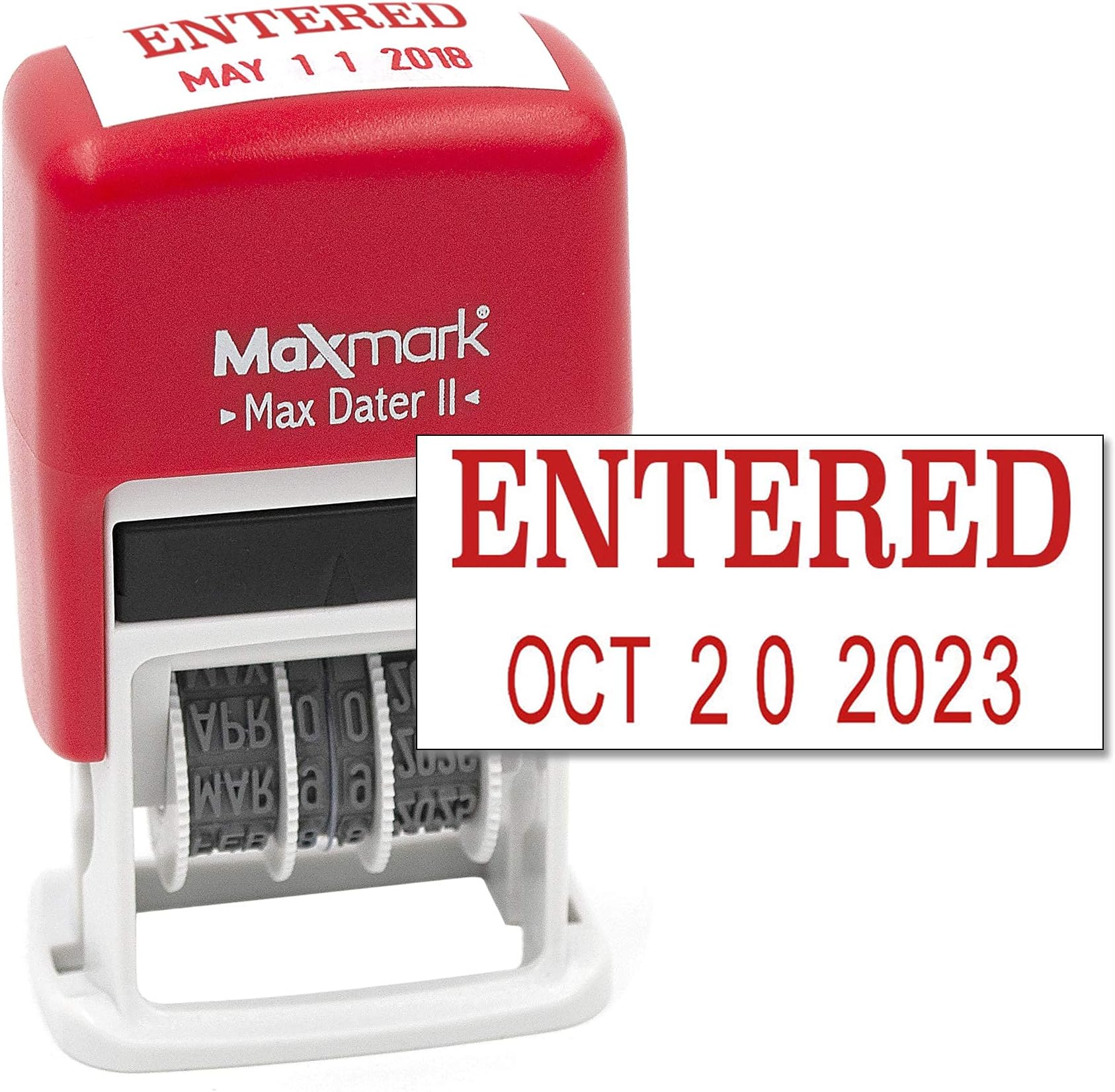 MaxMark Self-Inking Rubber Date Office Stamp with ENTERED Phrase & - RED INK (Max Dater II), 12- Band