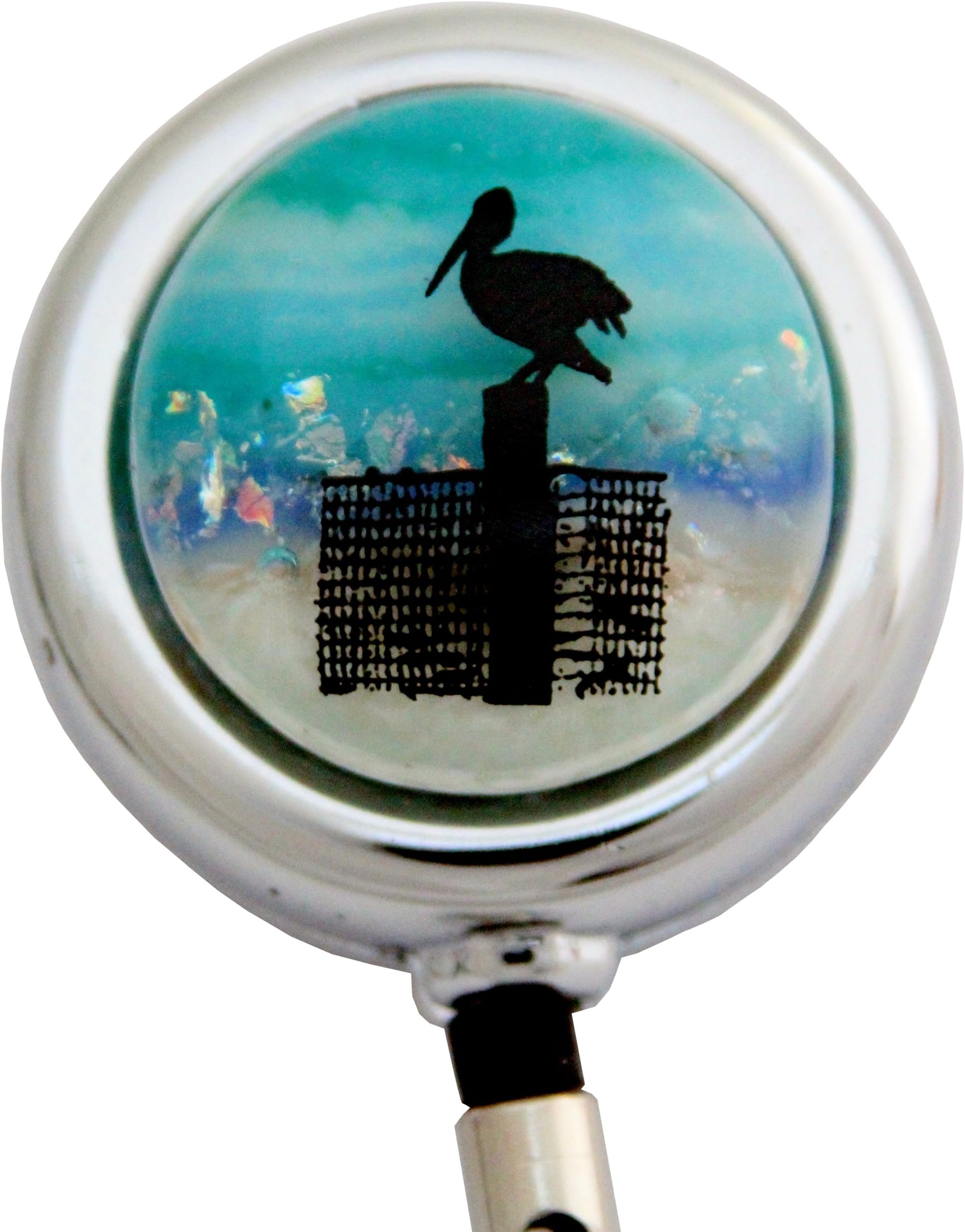 Pelican, Fused Glass, Metal Retractable Badge Reel with Belt Clip