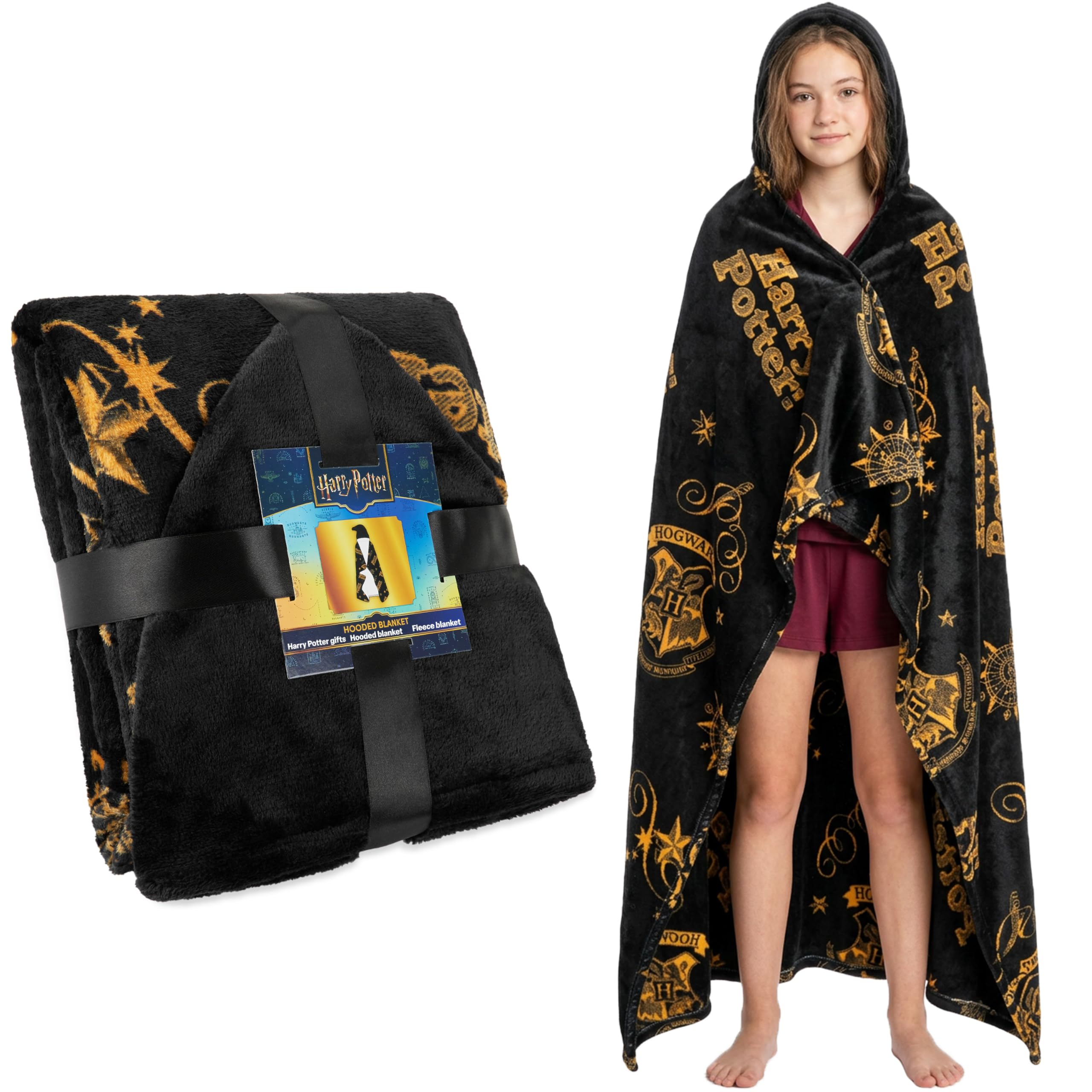 Harry Potter Wearable Blanket for Kids, Teens & Women, Ultra Soft Fleece Hooded Throw Blanket, Warm, Cosy & Lightweight Oversized Fleece Poncho(Black Harry Potter)