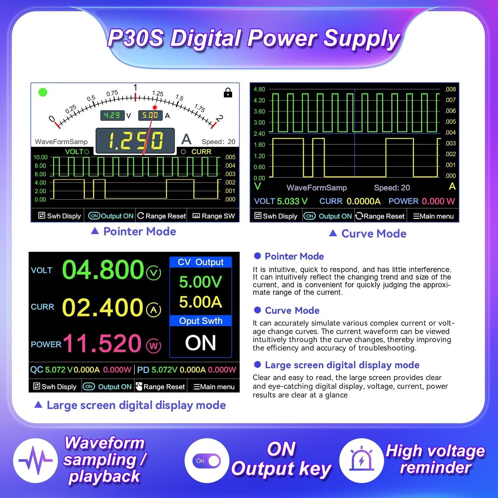 Fuente de alimentación digital de 180 W 30 V/25 A con modo de puntero, modo curva y modo de pantalla digital de pantalla grande