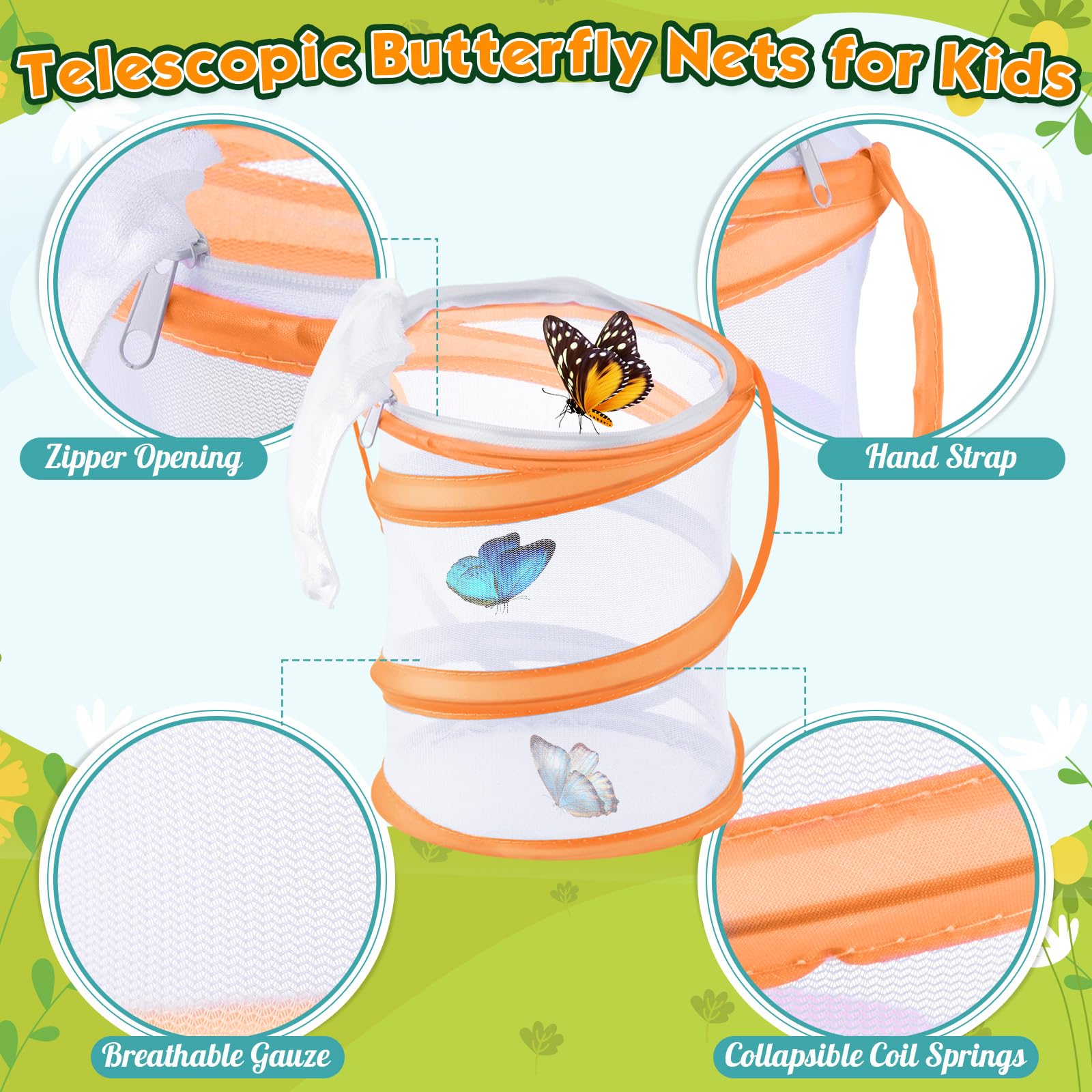 Simgoing 12 reti telescopiche da pesca a farfalla per bambini, kit di cattura per esploratori all'aperto, gabbia a rete per insetti, cattura insetti e insetti, allungabile 86 cm