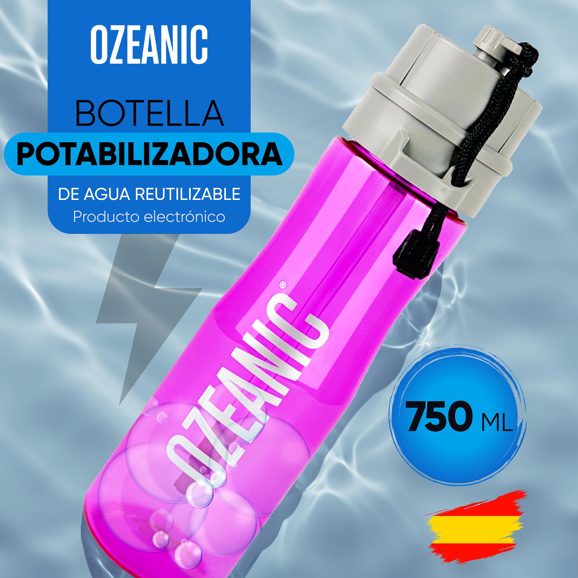 EcoBottle 2.0 750 ml Rosa – Botella Purificadora de Agua Reutilizable | Ozonizador de agua portátil | Elimina virus y bacterias | Sin filtros