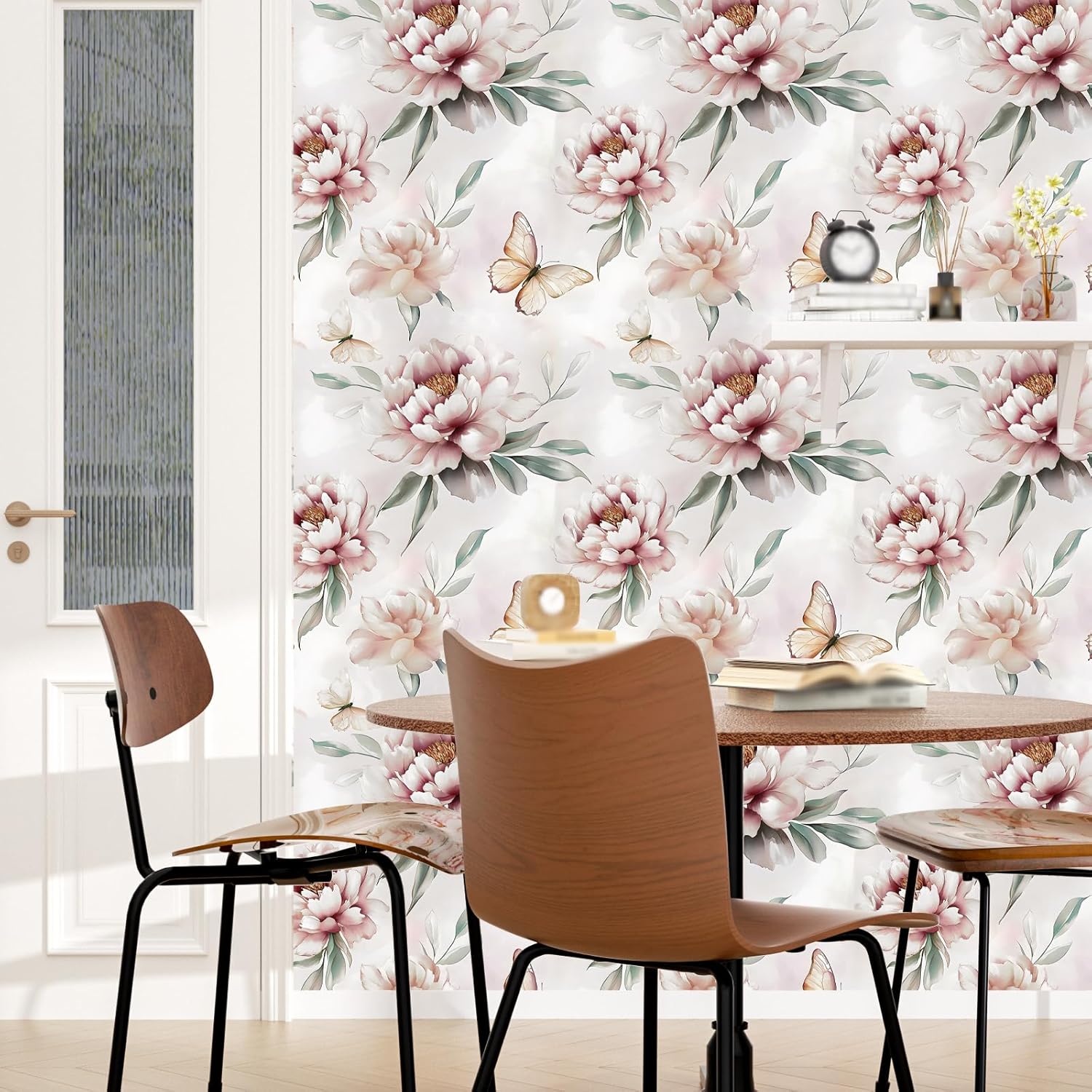 ILHIIOR Pink Peony Peel and Stick Wallpaper Boho Leaf Contact Paper Floral Removable Self Adhesive Waterproof Wall Paper for Cabinet Drawers Wall Decor Renter Friendly 17.5''x118''