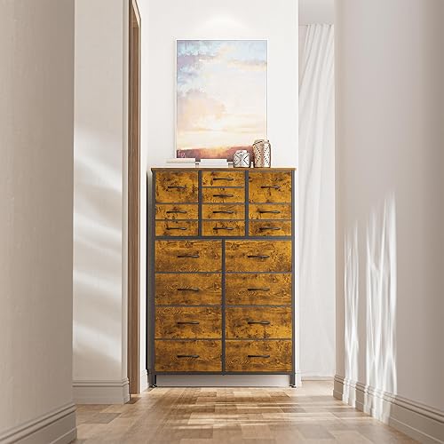 Miniatura 5 de Himusi Cómoda para dormitorio con 18 cajones, cómoda alta con marco de metal resistente y parte superior de madera, cómoda de almacenamiento de tela