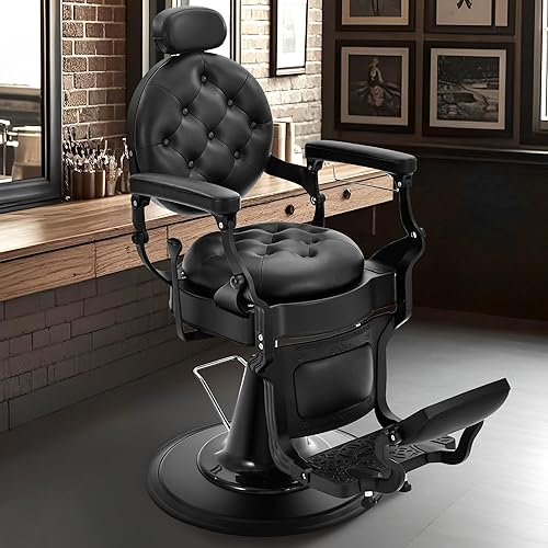 Silla de peluquería negra para peluquería, silla reclinable para estilista con reposapiés y reposacabezas ajustables, equipo de peluquería vintage