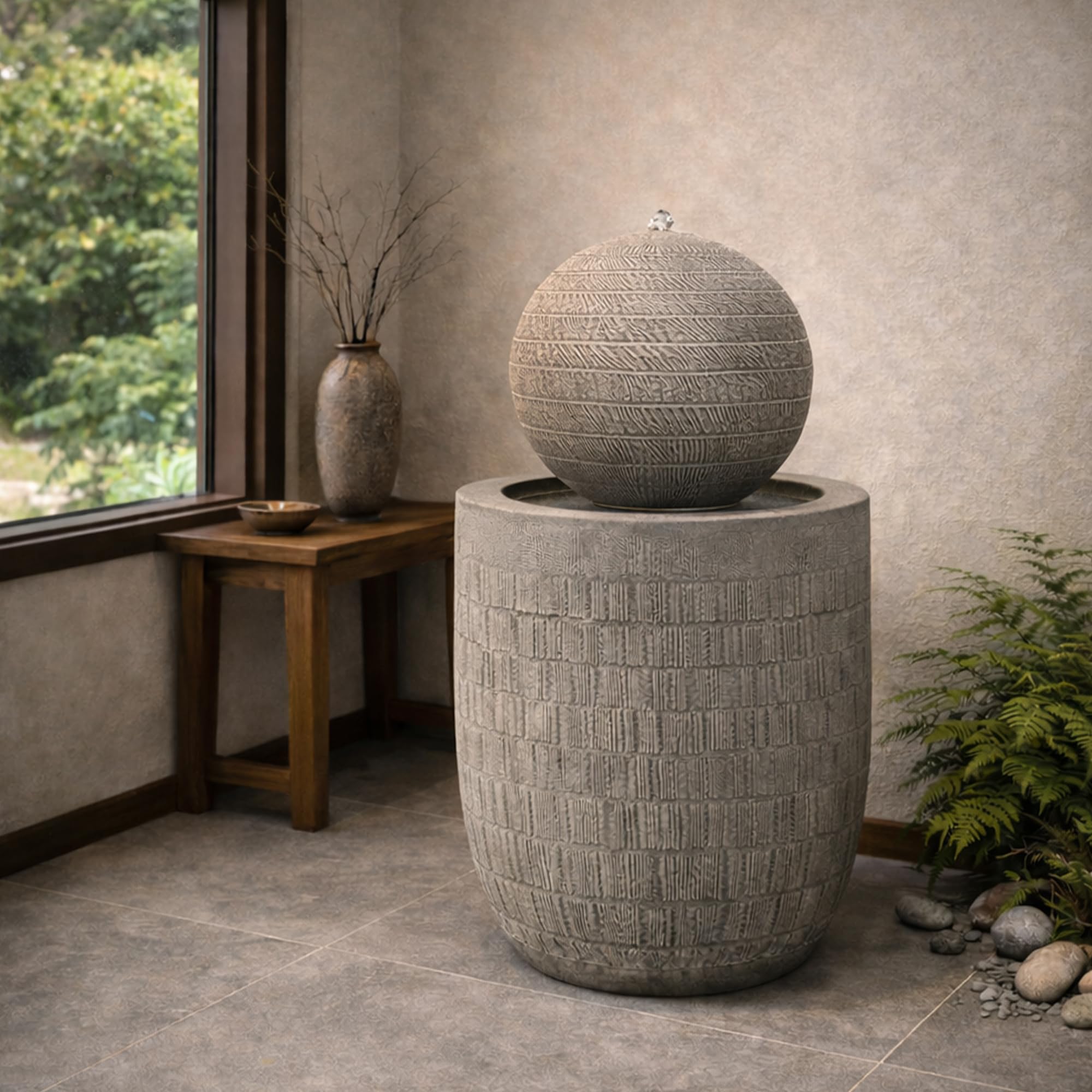KÖHKO Fontaine de jardin sphérique zen avec LED - Fontaine décorative moderne avec surface structurée pour jardin, terrasse et intérieur