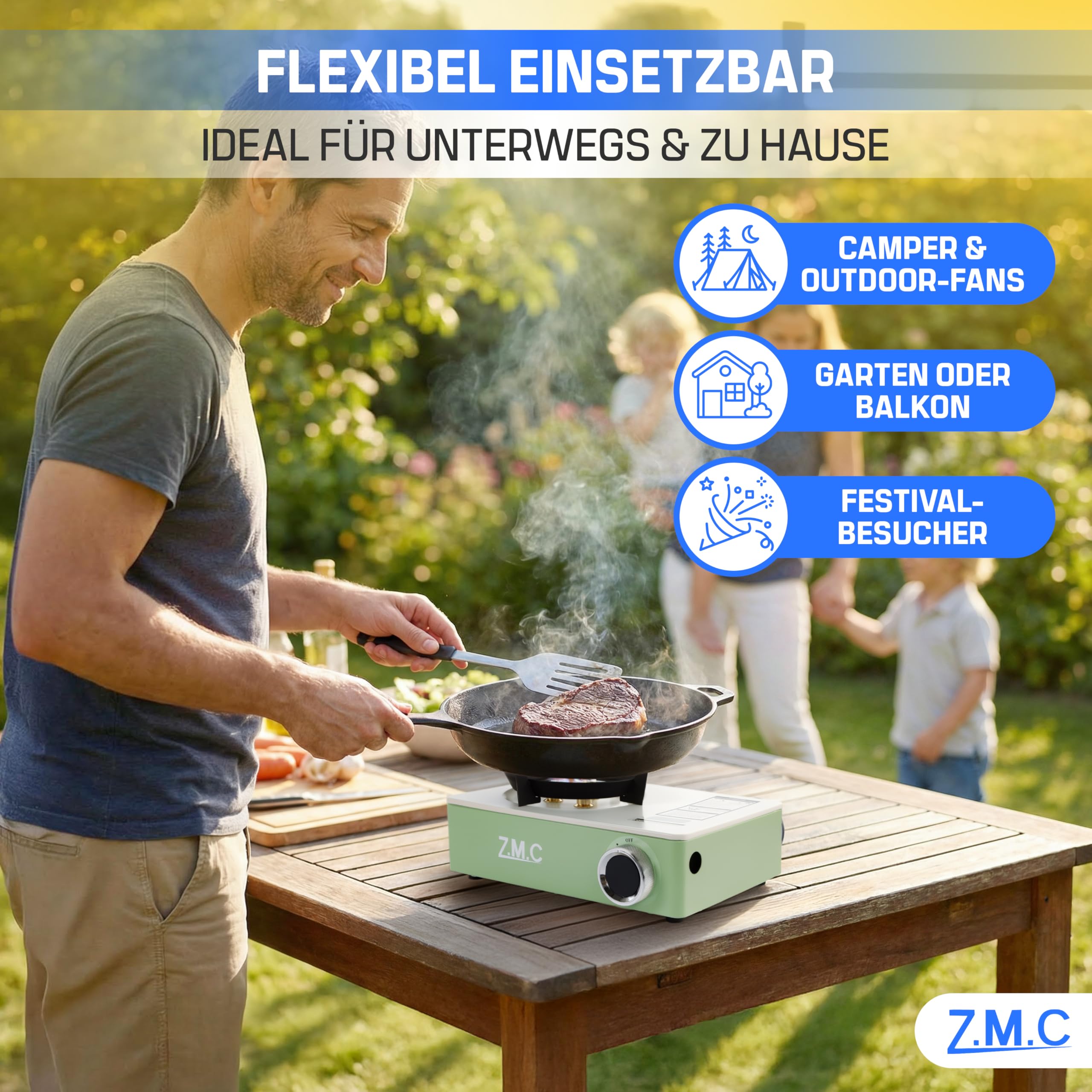 Z.M.C Gaskocher 1-flammig 3,5 kW inkl. 8x Gaskartuschen 227g | 3-Brenner & Piezo-Zündung | Campingkocher mit Transportkoffer | kompakt 1,4 kg | Camping Outdoor
