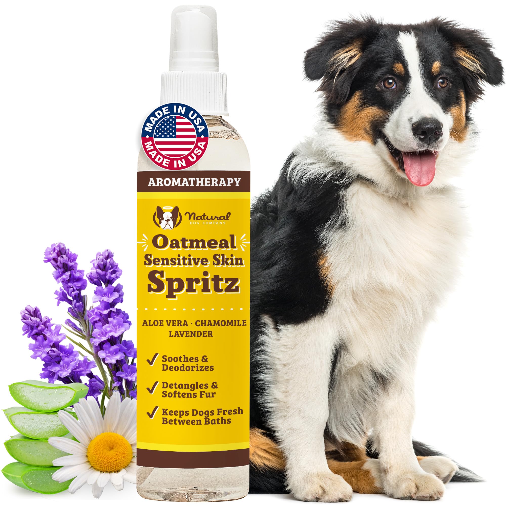 Natural Dog Company Sensitive Skin Deodorizing Spray 8 oz – Hypoallergenic Neutral-Scent Dog Spritz with Aloe, Oatmeal & Lavender – Free of Sulfates,