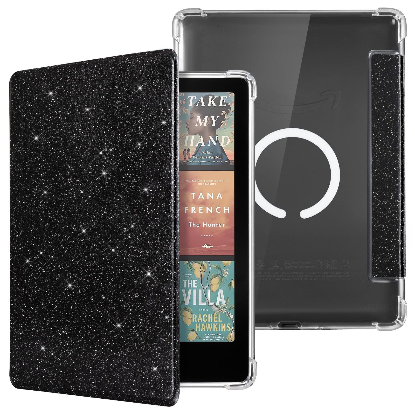 CoBak Magnetic Clear Case for 7" E-Reader - Compatible with iPhone MagSafe, for PopSockets Grips, for Belkin/Anker Wireless Charging Pads and Magnetic Stand,Black Glitter