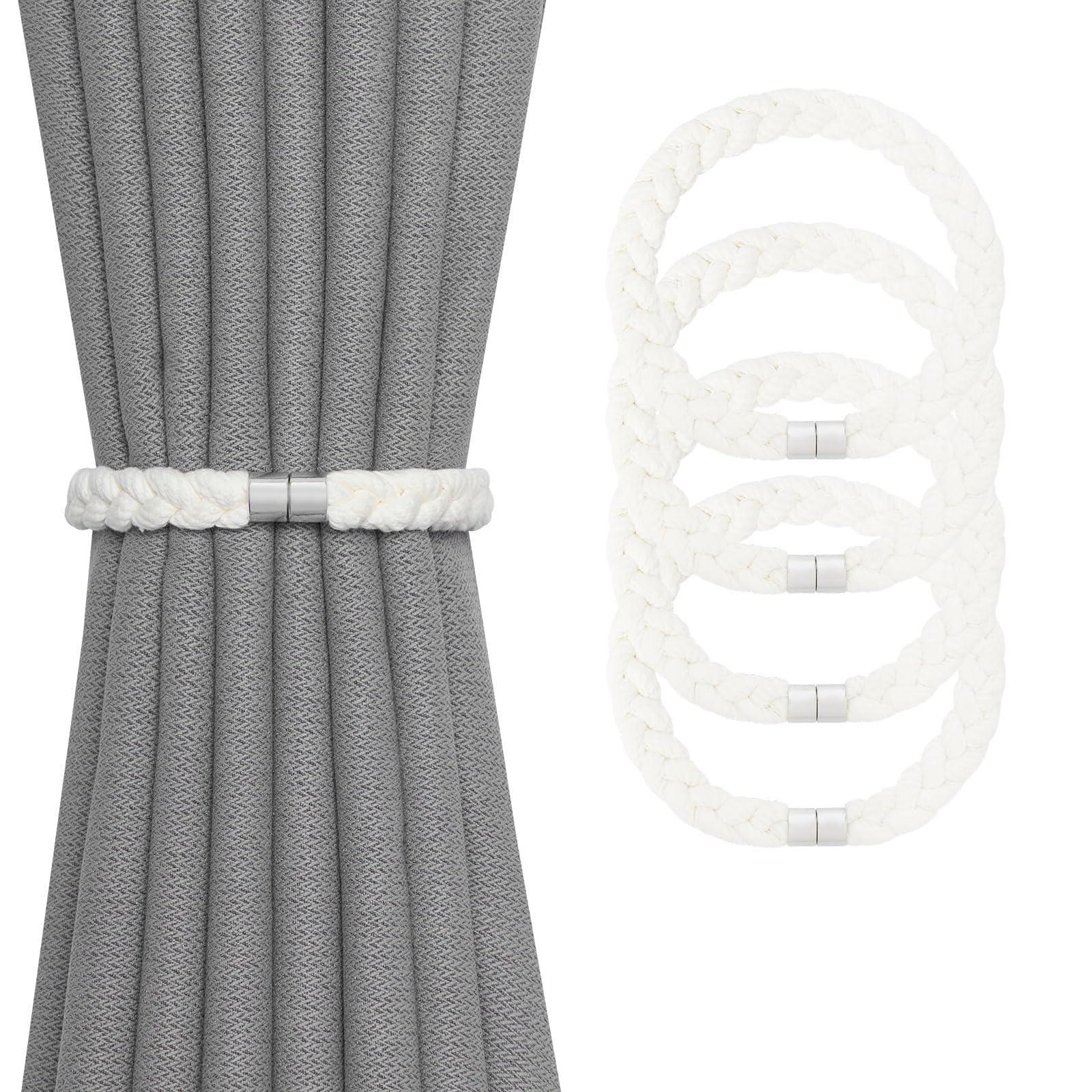 Pretty Jolly 4 Pack Natural Cotton Rope Curtain Tiebacks Elegant Boho Style Magnetic Drape Tie Backs Soft Hand-Woven Rope Curtain Holdbacks for Home & Office Drapery (Cotton rope-02)