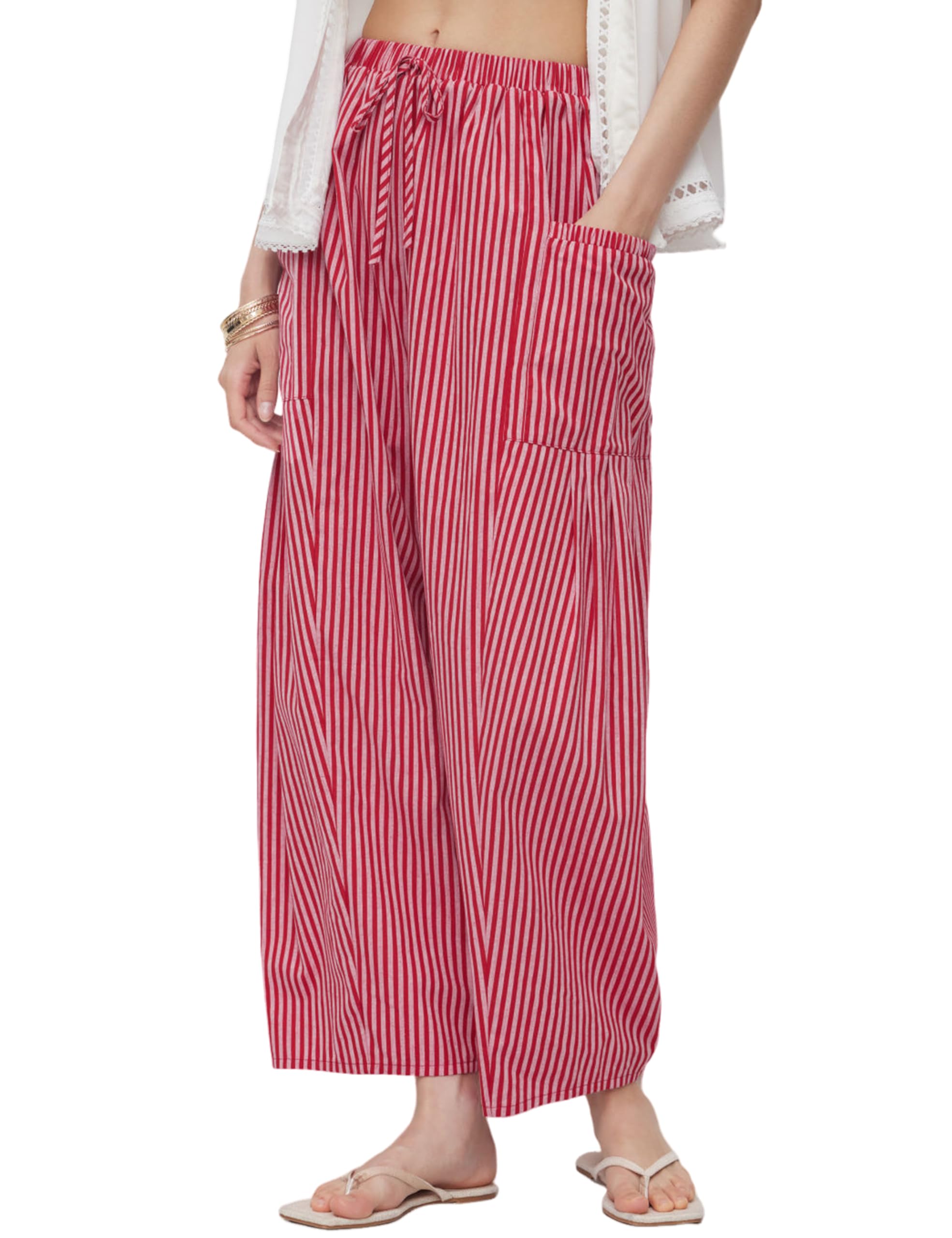 Yeokou Women Wide Leg Pants Casual Striped Cotton Mid Rise Drawstring Palazzo Trousers with Pockets