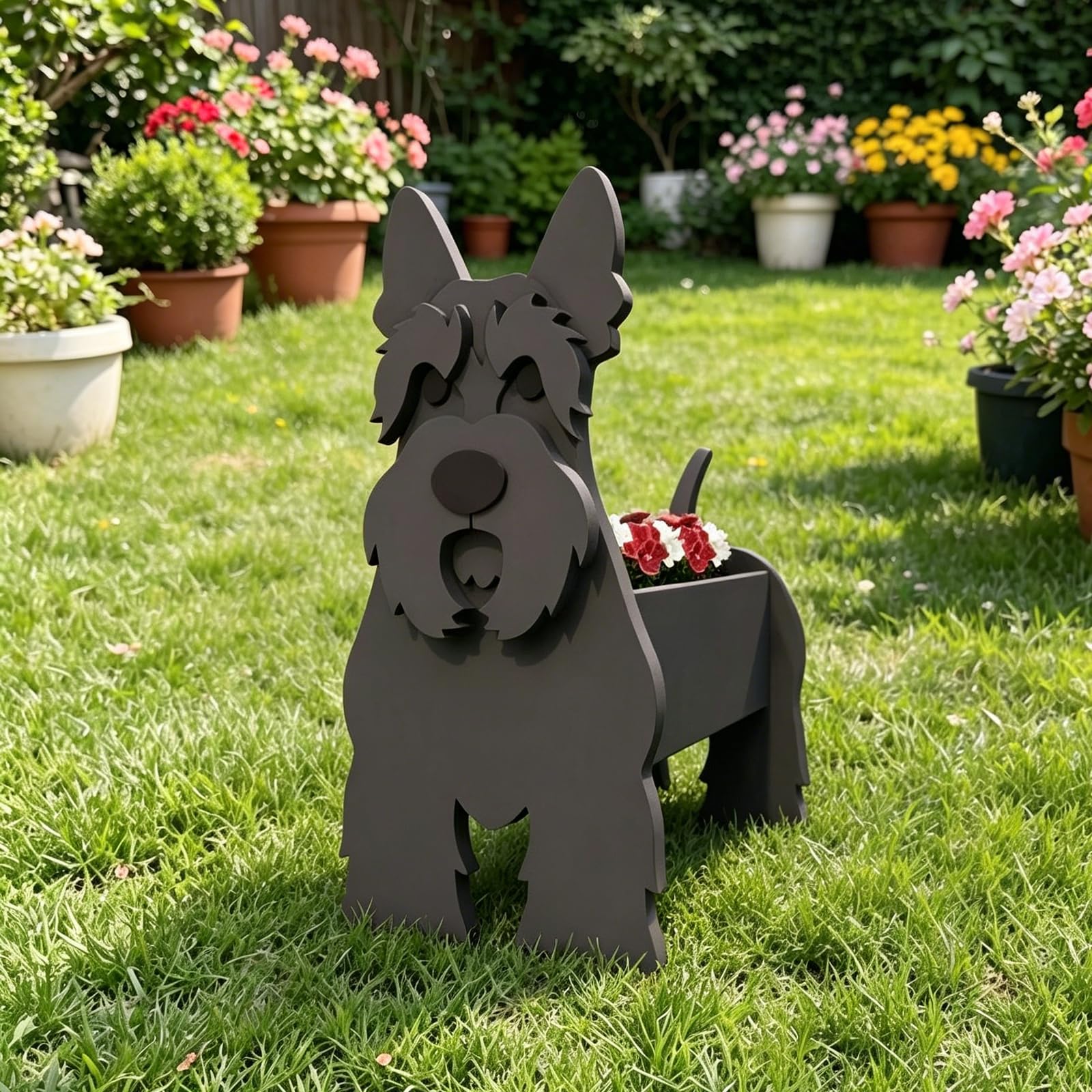 Hiiaodecor Scottish Terrier Pet Dog Animal Bonsai Holder Cute Shape Art Plant Storage Pot Villa Garden Indoor Outdoor Office Decor Ornaments 43 * 25cm/16.93 * 9.84in
