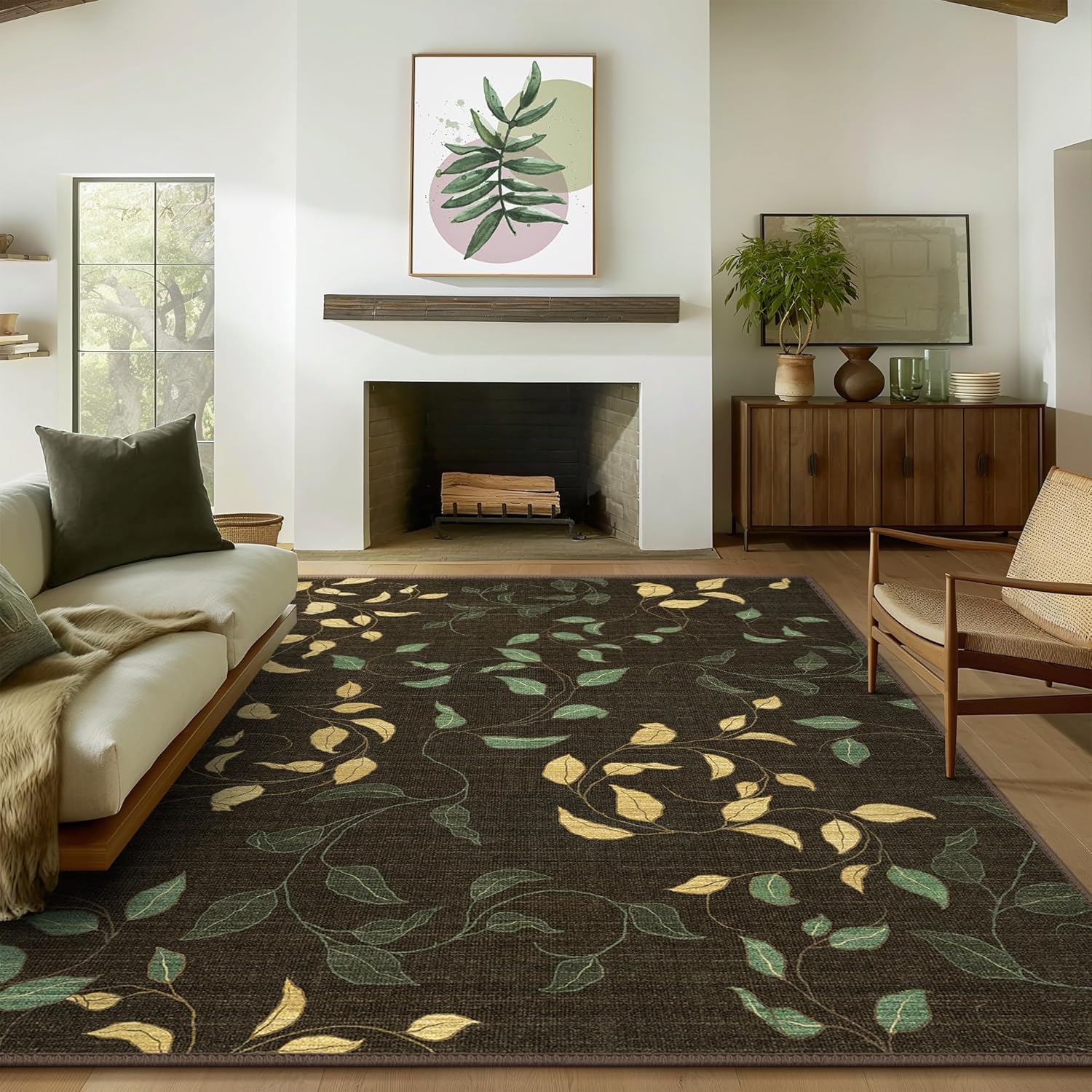 Washable Rugs 8X10 Area Rugs for Living Room, Thin Indoor Chenille Low Pile Rug for Bedroom Rug, Vintage Boho Lightweight Carpet for Dining Room Kitchen Office Floor, Dark Leaf Print Dark Leaf Print 8' x 10' (Rectangular)