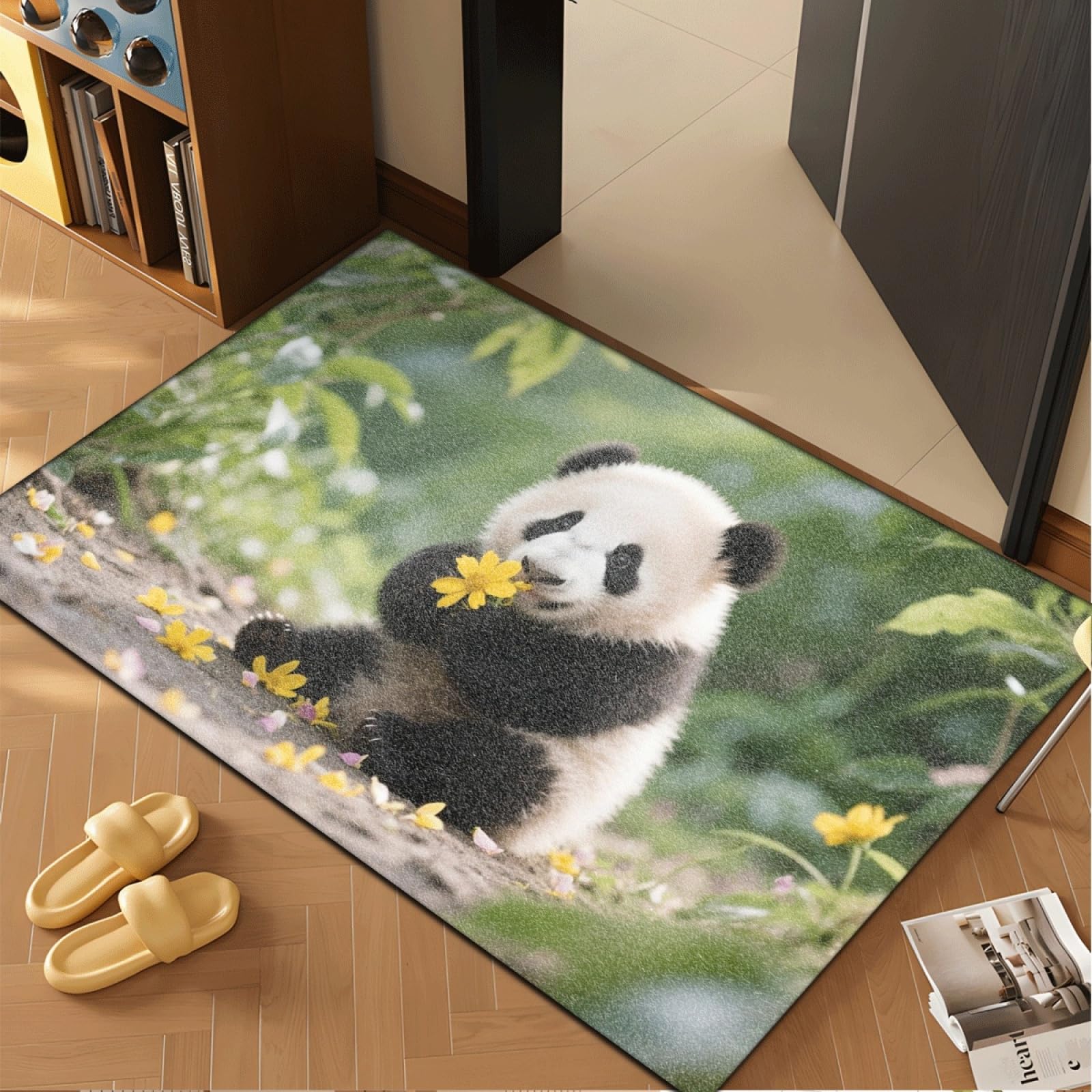 Fussmatte Innen 80x120 cm Gelbe Blume Panda Fussmatte Aussen rutschfeste für Hund Eingang Badematte Waschbar Schmutzfangmatte Strapazierfähige und Langlebige Fussmatten Haustür