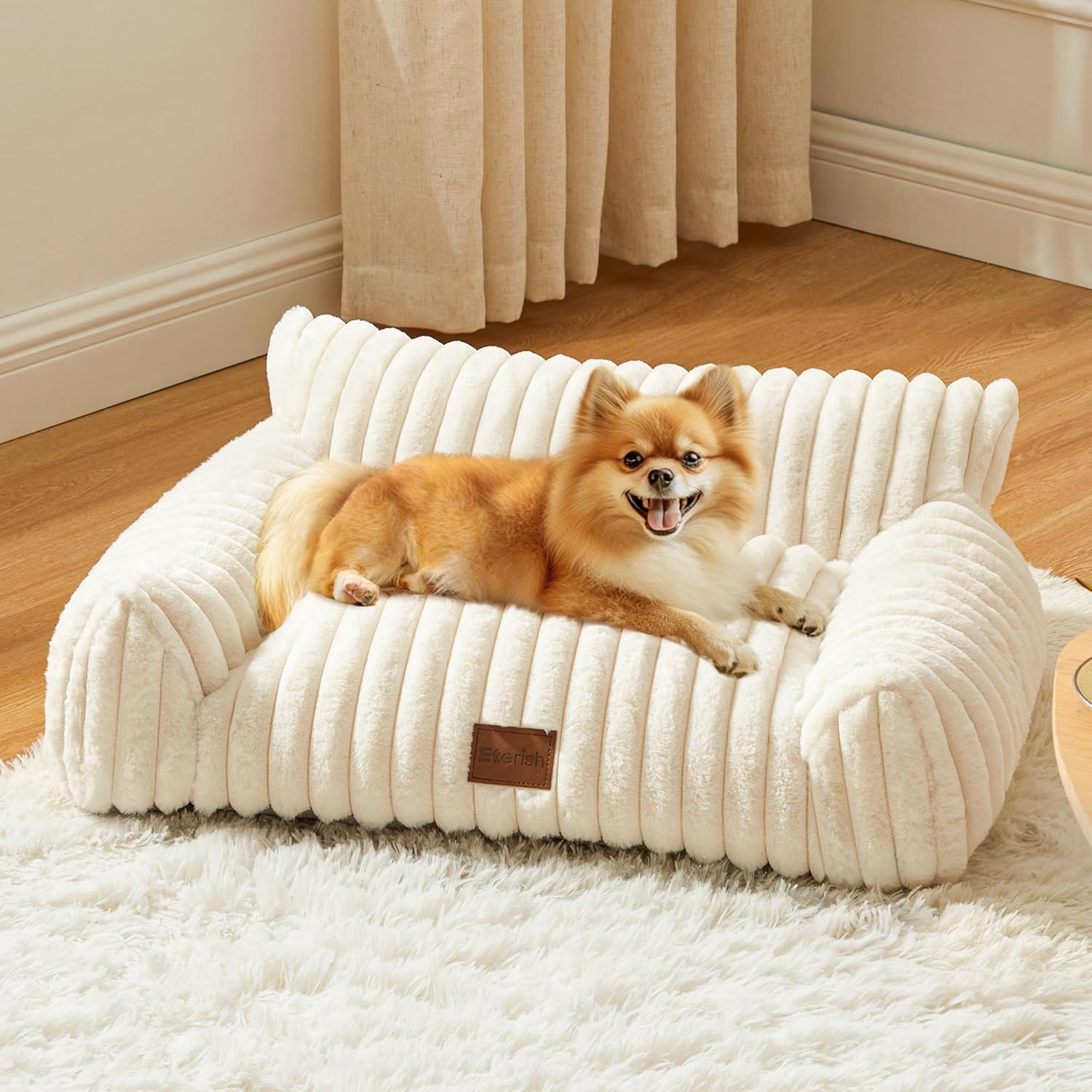 Eterish Cute Dog Couch, Fluffy Pet Couch with Soft Corduroy Fleece, Fuzzy Pet Sofa with Removable Washable Cover, Supportive Dog Bed for Small Medium Dogs with Non-Slip Bottom, 30inch, Cream